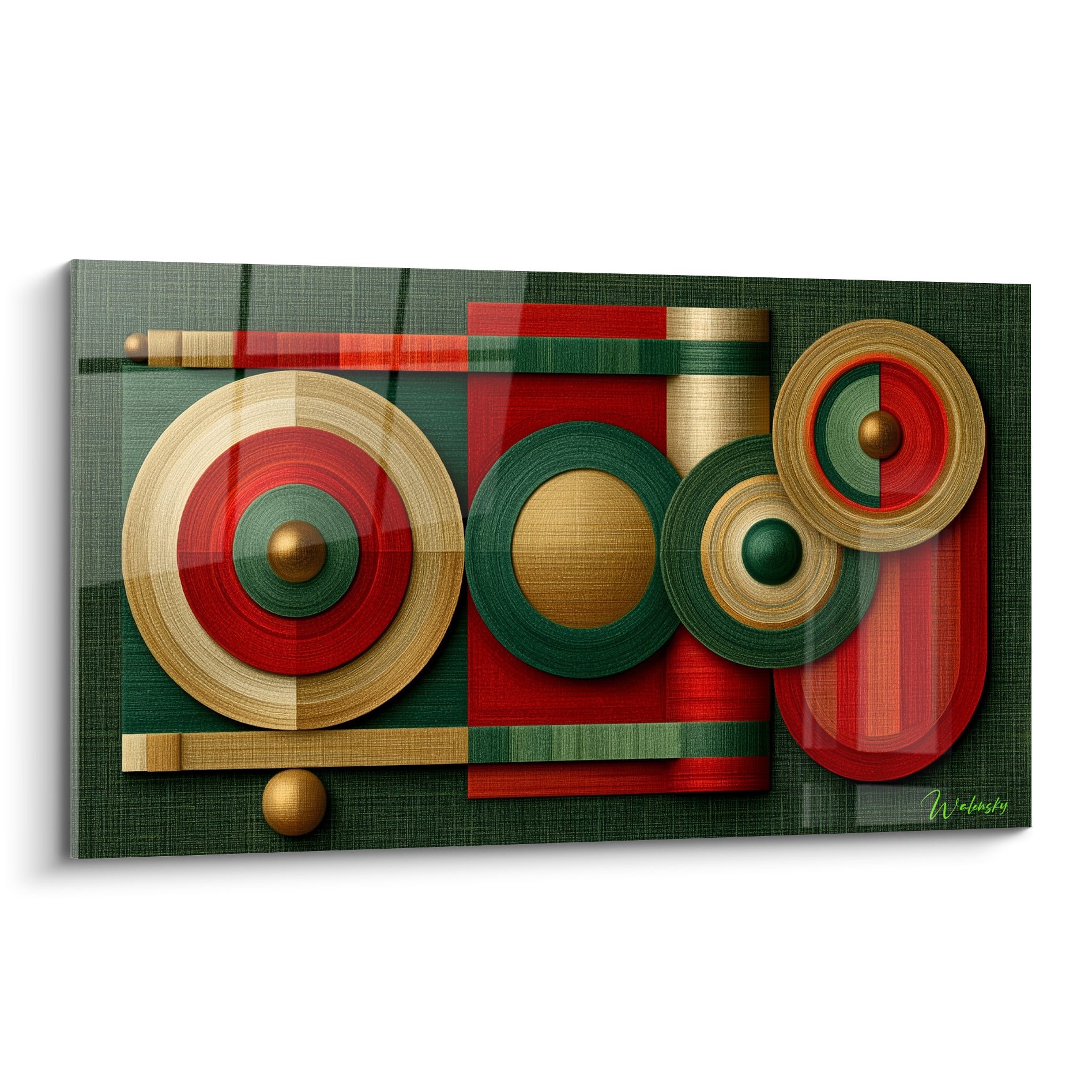 Cercles concentriques vert sapin, rouge brique et doré composant ce tableau géométrique abstrait sculptural