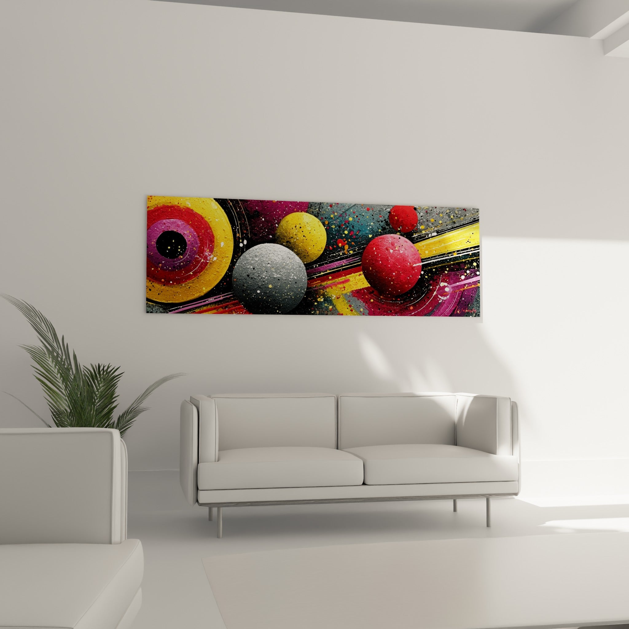 Composition de sphères jaune moutarde et violette du tableau géométrique abstrait au-dessus d'un canapé dans un salon lumineux