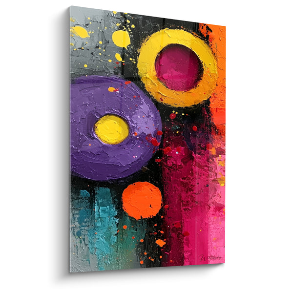 Tableau Cercles violets et jaunes texturés - Éclats en mouvement - Edition géometrique abstrait
