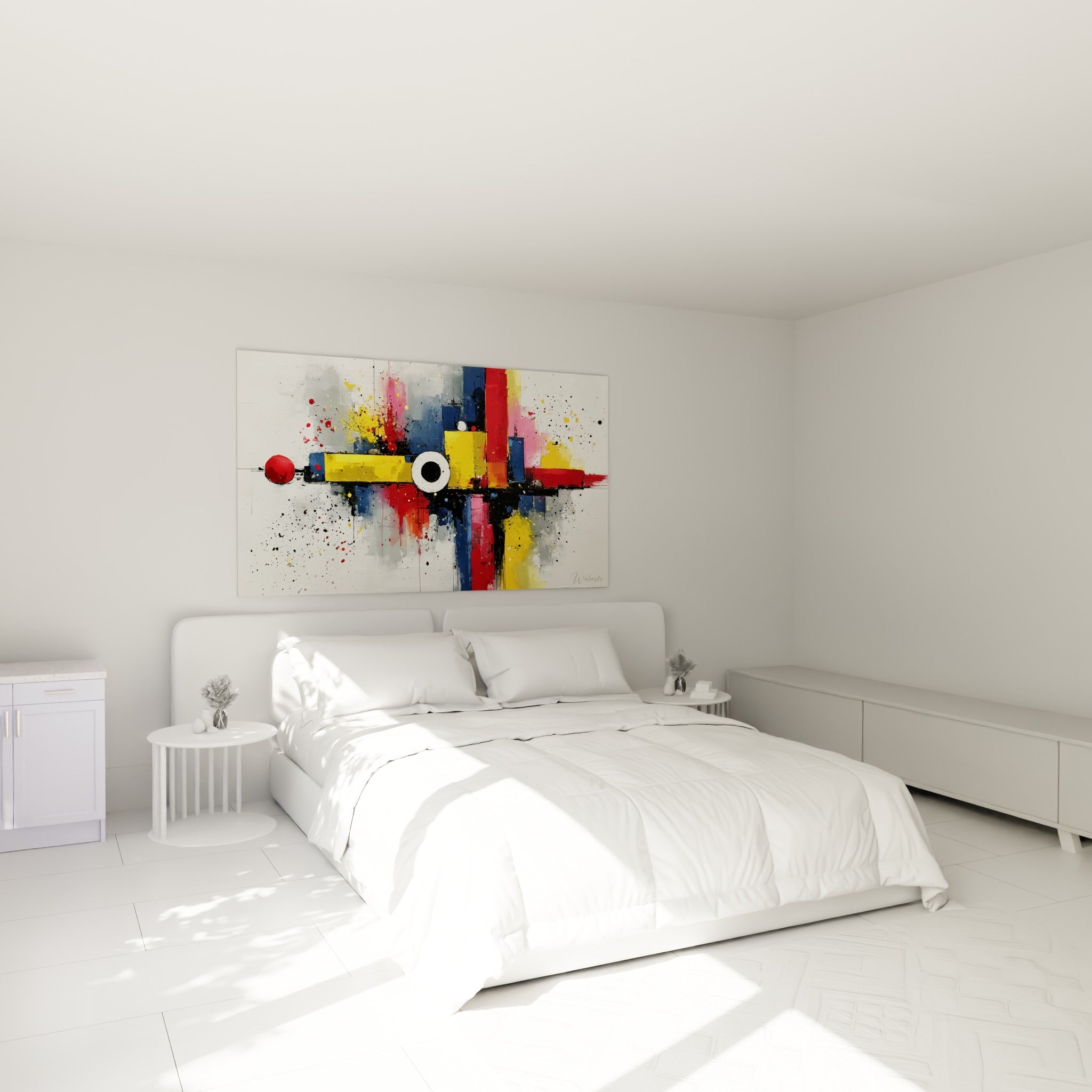 Composition géométrique bleu marine et jaune accrochée au-dessus d'un lit dans une chambre claire