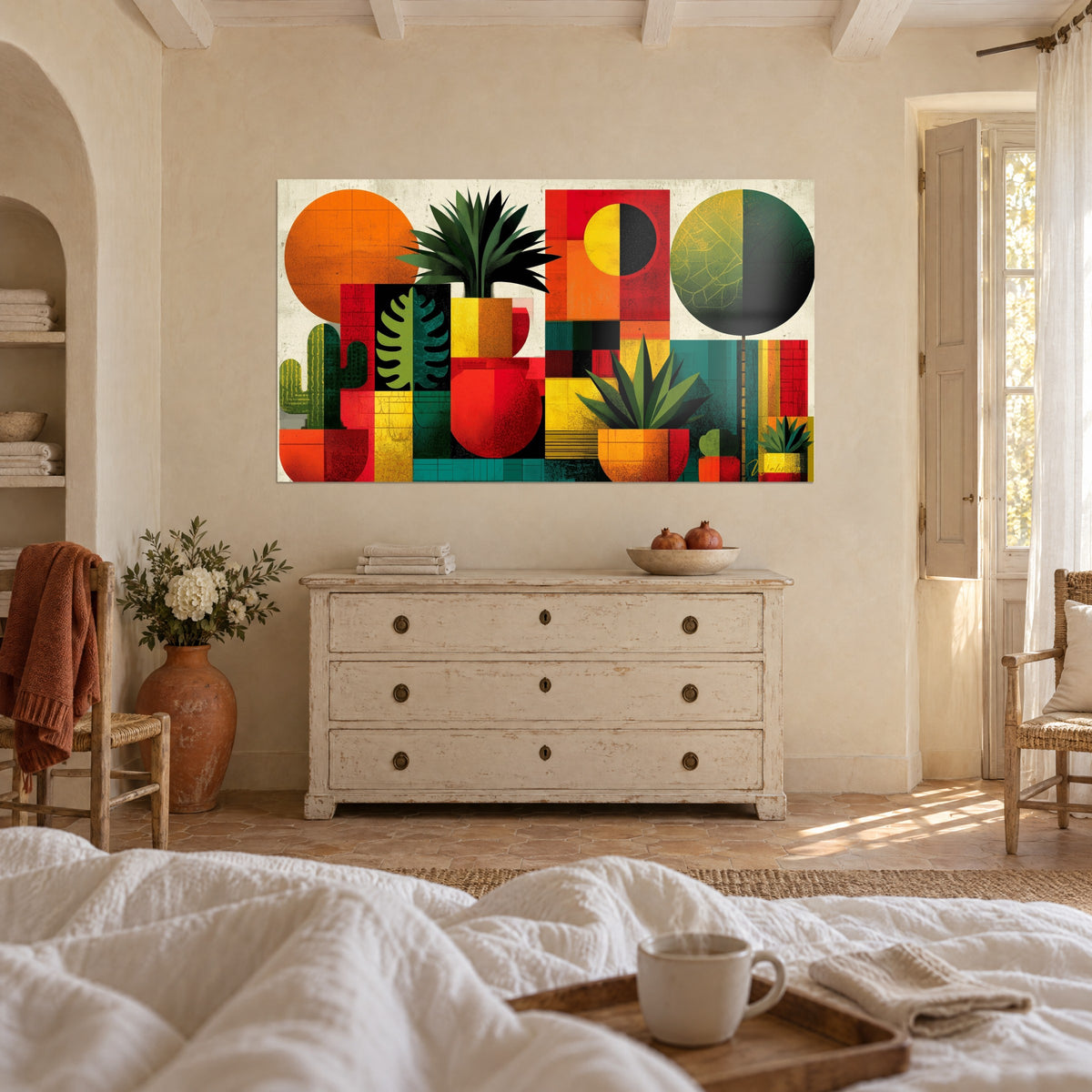 Tableau composition de pots et feuillages en carrés rouge, jaune et vert profond, au-dessus d'un lit dans une chambre claire