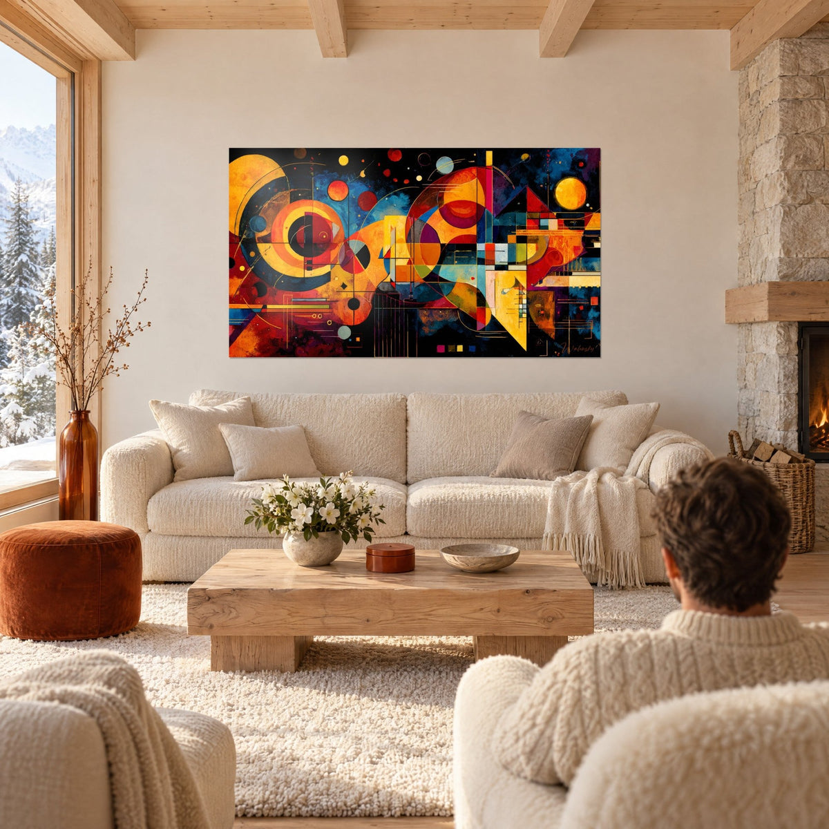 Schilderij abstracte compositie met gele en rode cirkels op zwarte achtergrond, toeschouwer van achteren, boven een bank in een lichte woonkamer