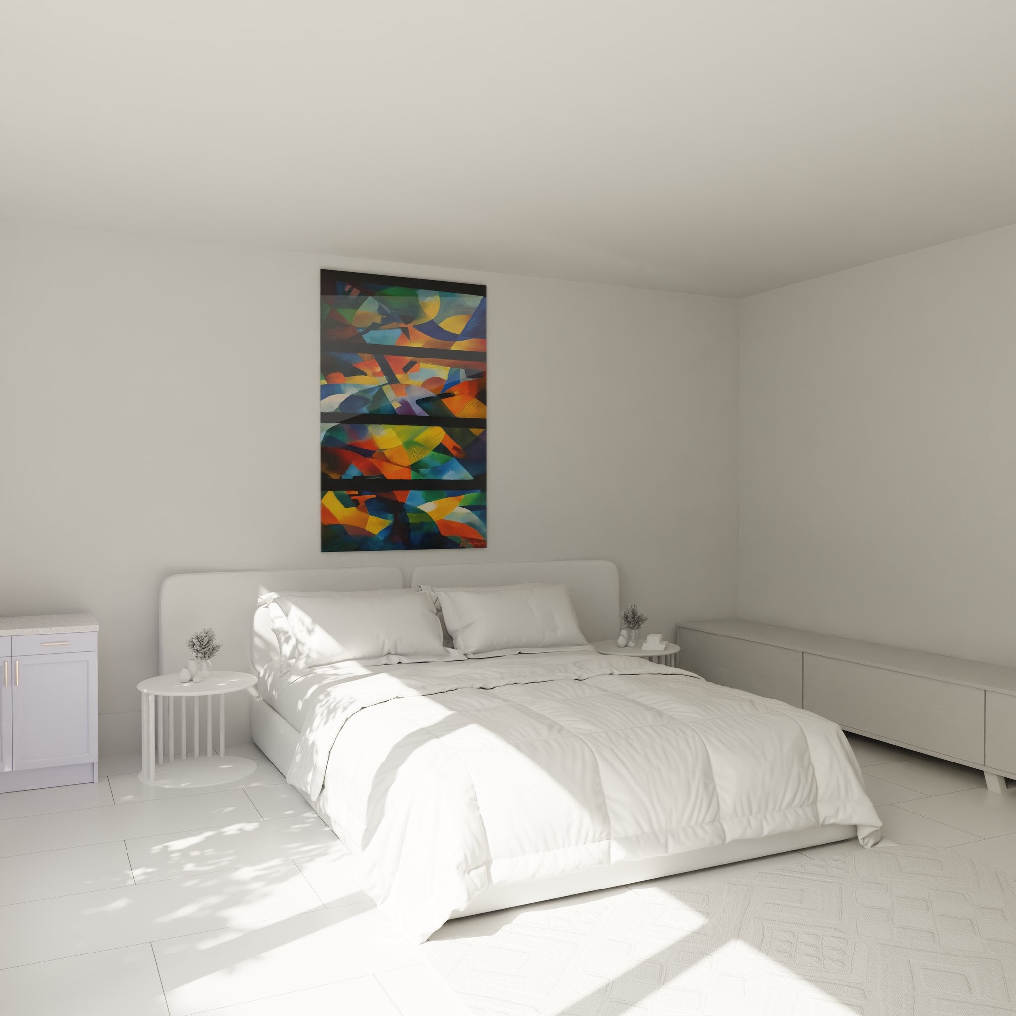 Tableau géométrique abstrait coloré dans ambiance chambre moderne, décoration murale design contemporain