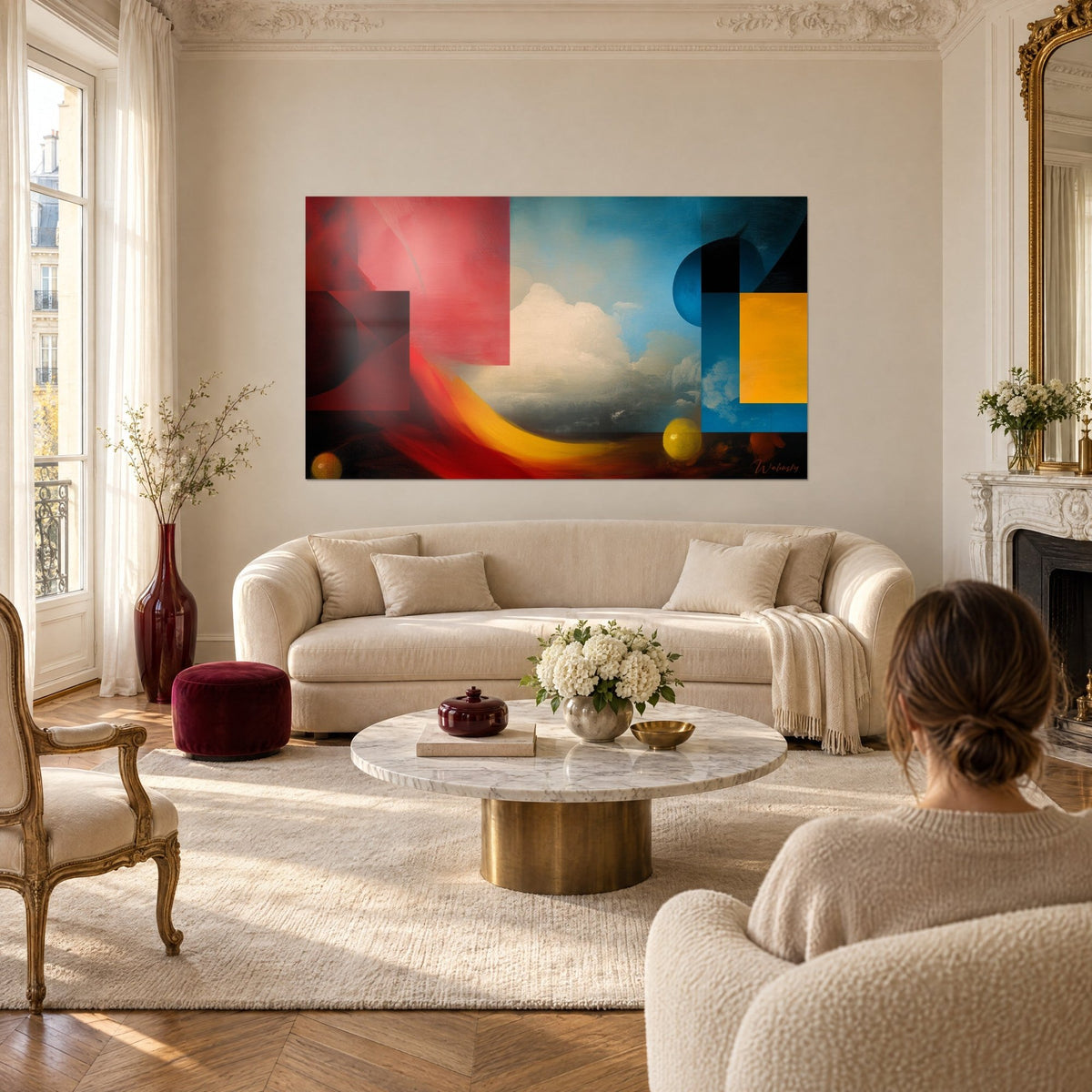 Gemälde mit geometrischen Formen in Karminrot und Himmelblau, elfenbeinfarbene Wolke in der Mitte, goldenes Band, über einem Sofa in einem hellen Wohnzimmer