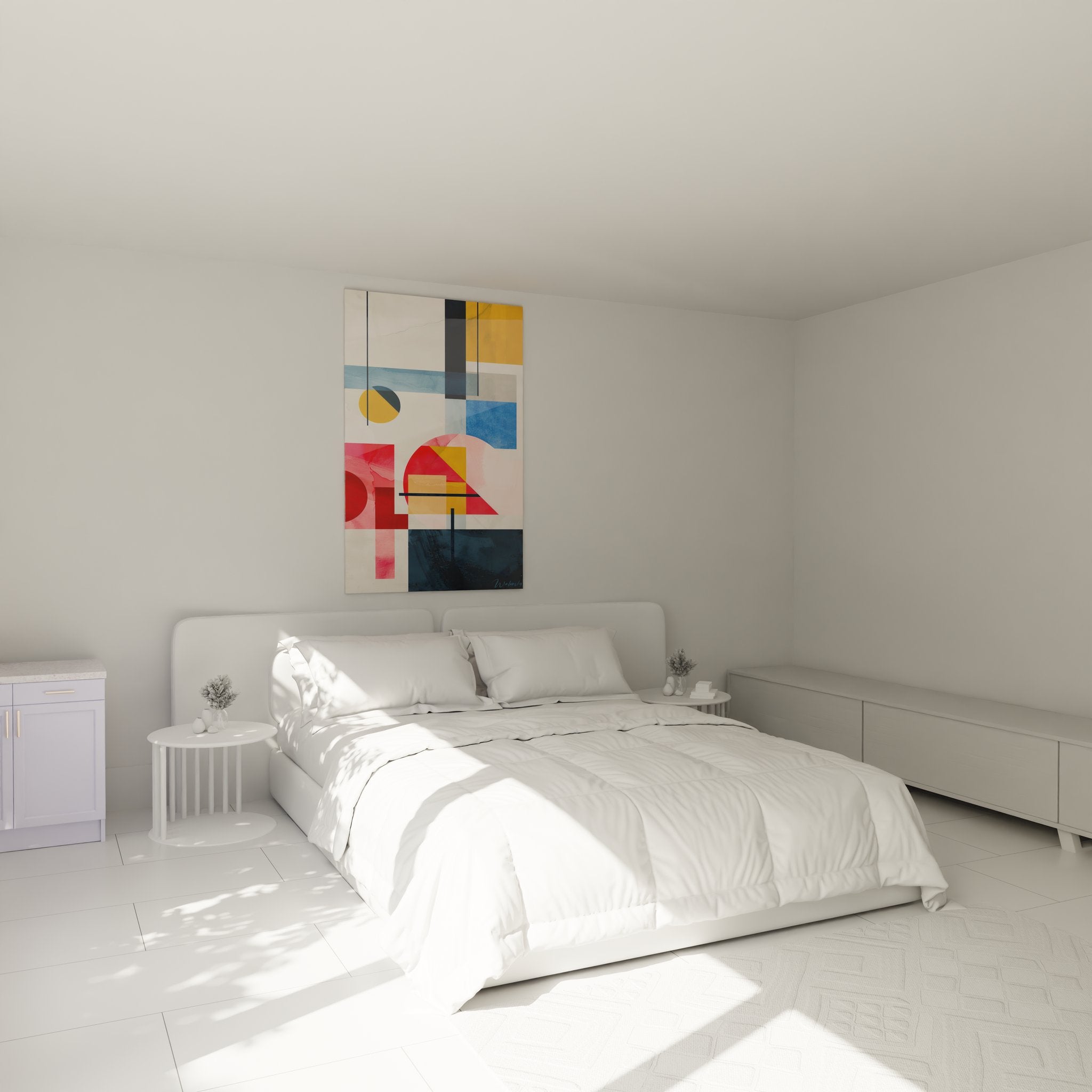 Tableau géométrique abstrait coloré dans chambre moderne, décoration murale design contemporain