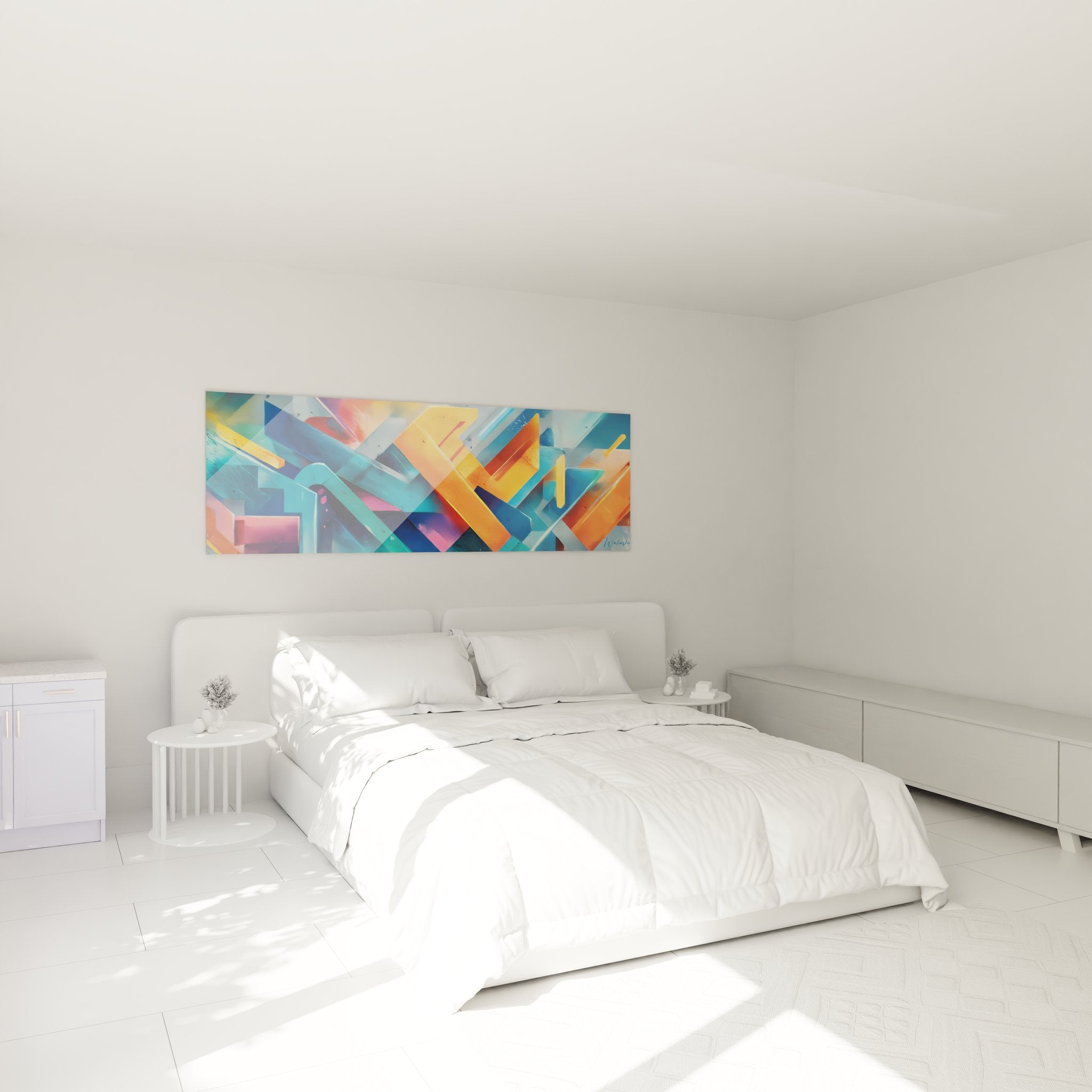 Tableau géométrique abstrait coloré dans ambiance chambre moderne pour décoration murale contemporaine