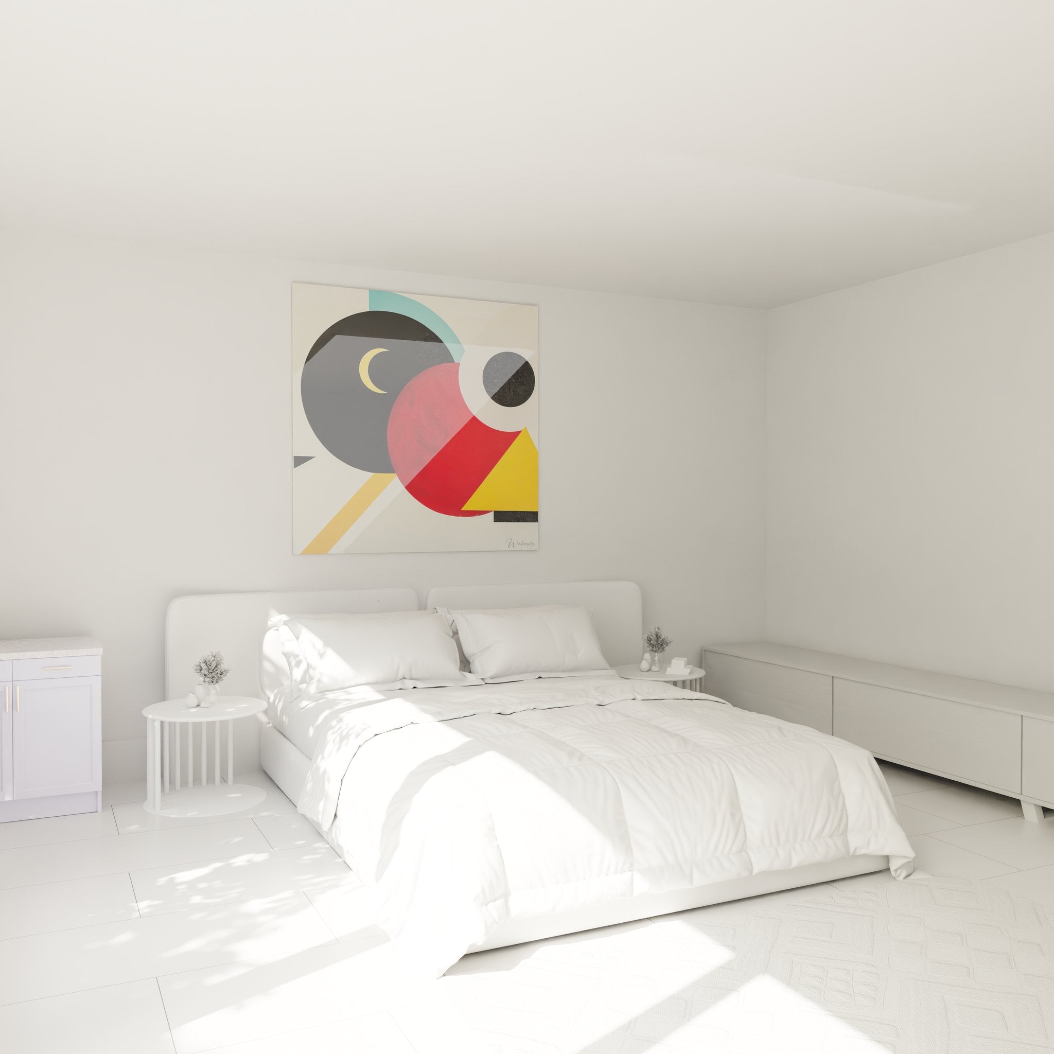 Tableau mural géométrique abstrait dans chambre moderne - décoration contemporaine colorée