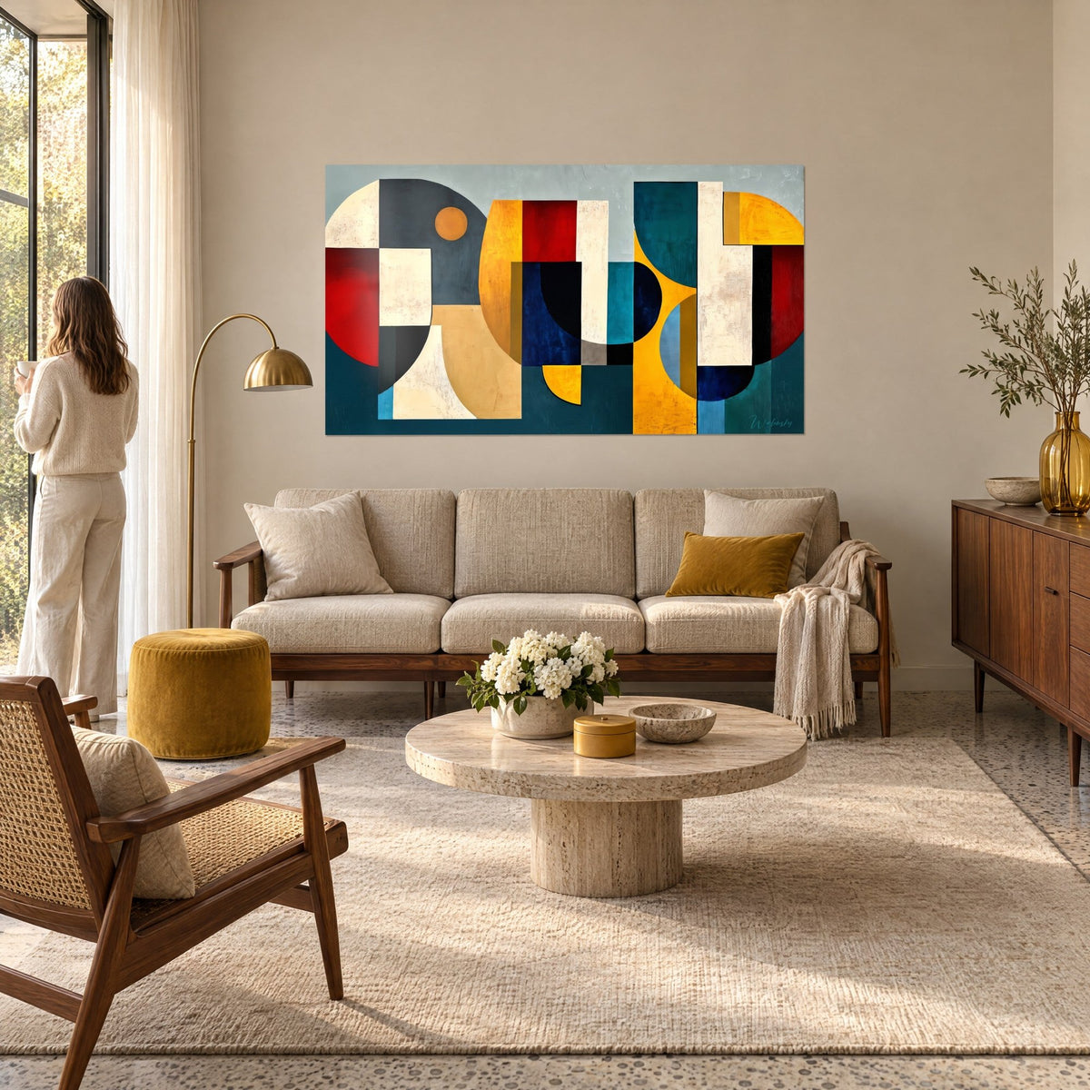 Wall art with abstract geometric shapes in ochre, red and midnight blue, circular arcs, woman seen from behind, above a sofa in a bright living room