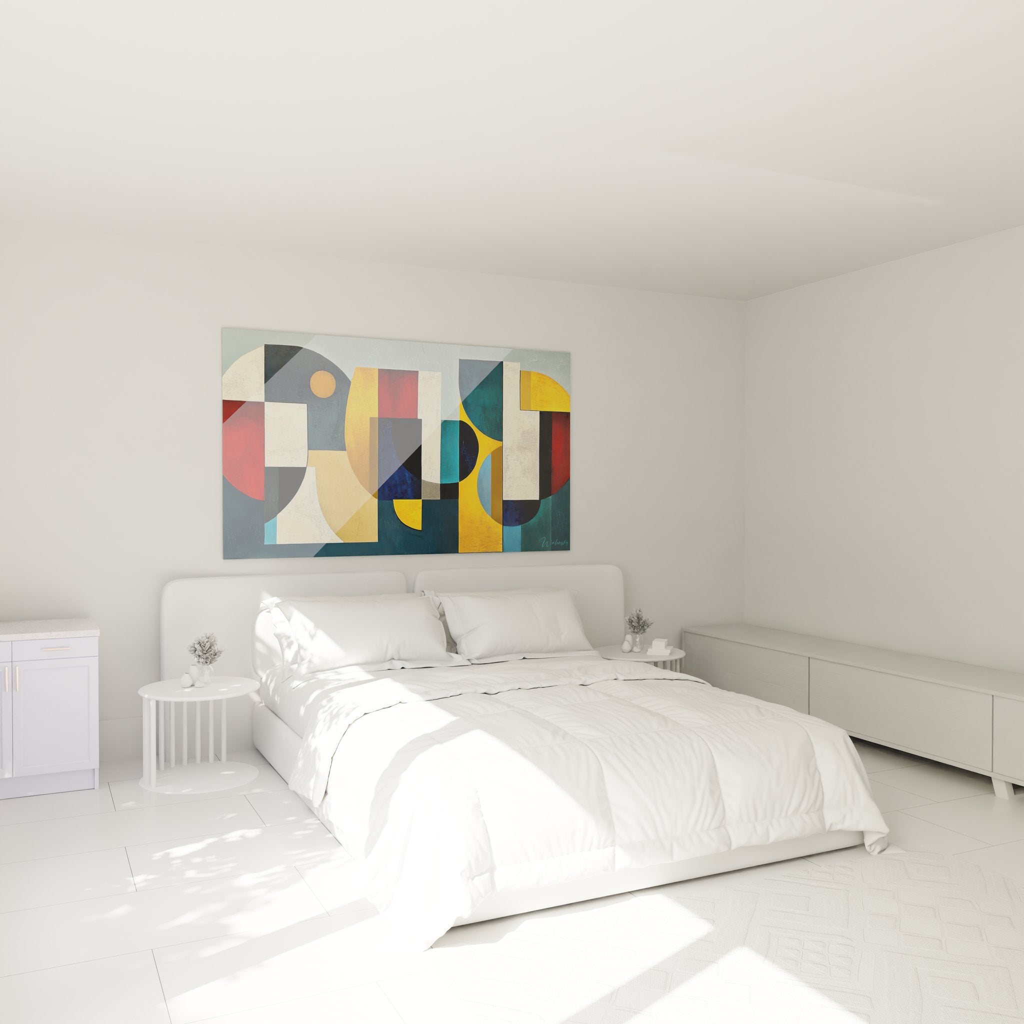 Tableau géométrique abstrait installé dans chambre moderne - décoration murale colorée ambiance contemporaine