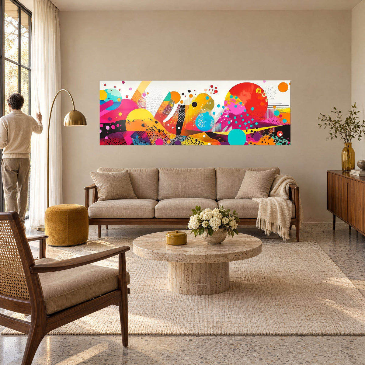 Schilderij kleurrijke abstracte vormen, turquoise, rode en roze schijven op witte achtergrond, stel van achteren, boven een bank in een lichte woonkamer