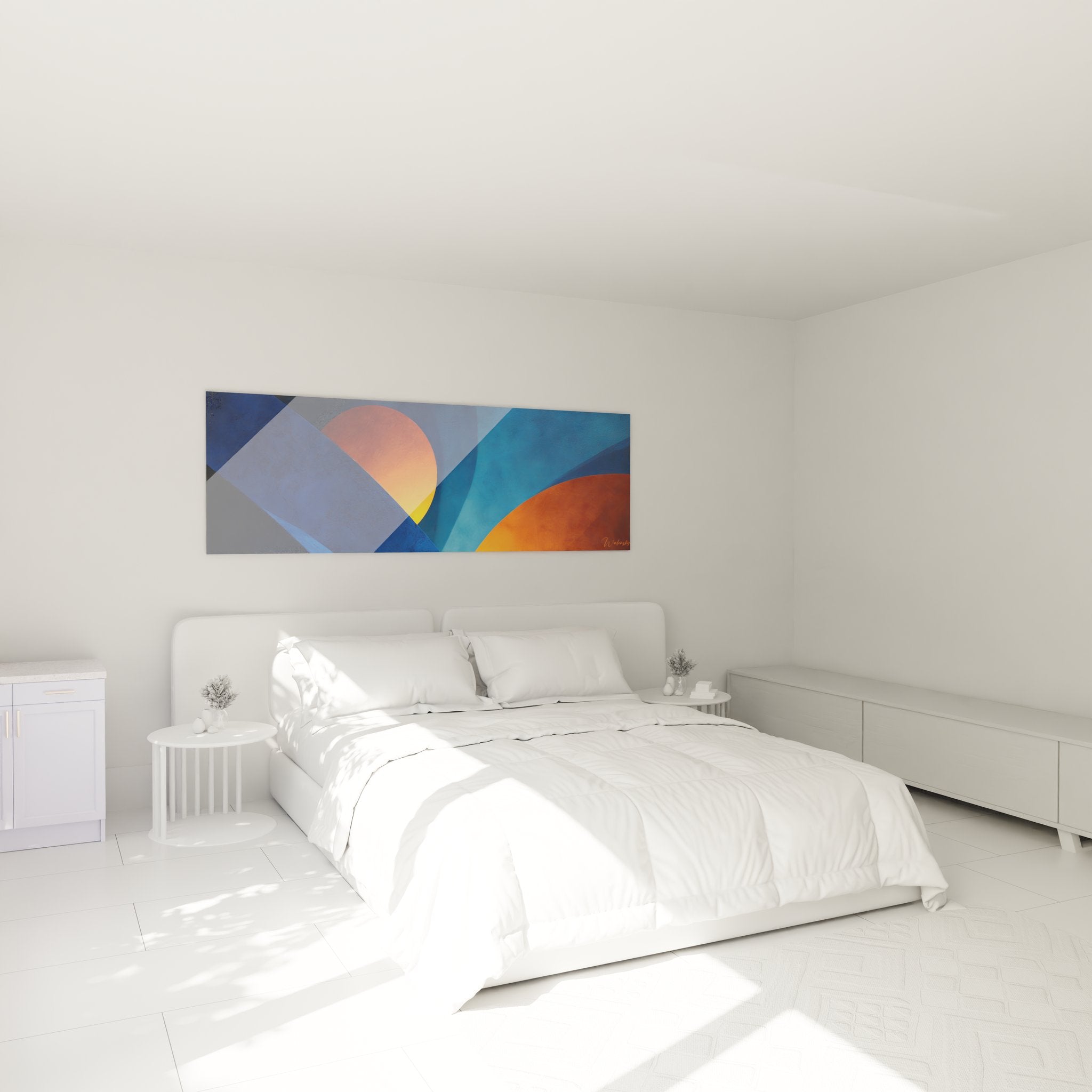 Tableau géométrique abstrait bleu orange installé dans une chambre moderne, ambiance décorative contemporaine