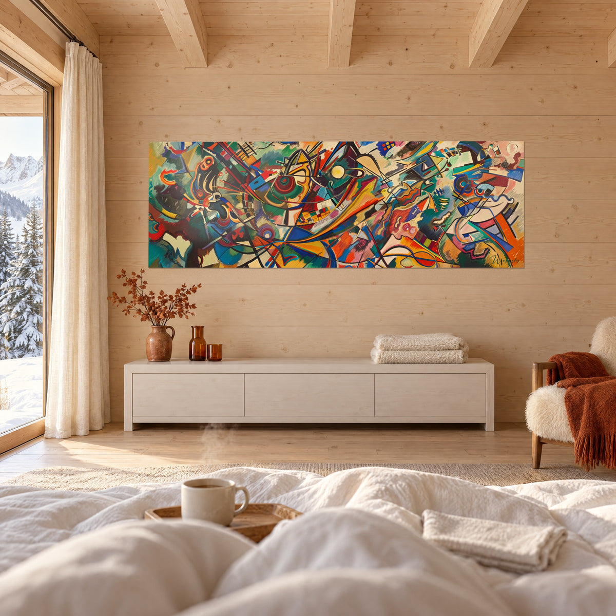 Gemälde reichhaltig abstrakt, blaue Spiralen und ockerfarbene Flächen, über einem Bett in einem hellen Schlafzimmer