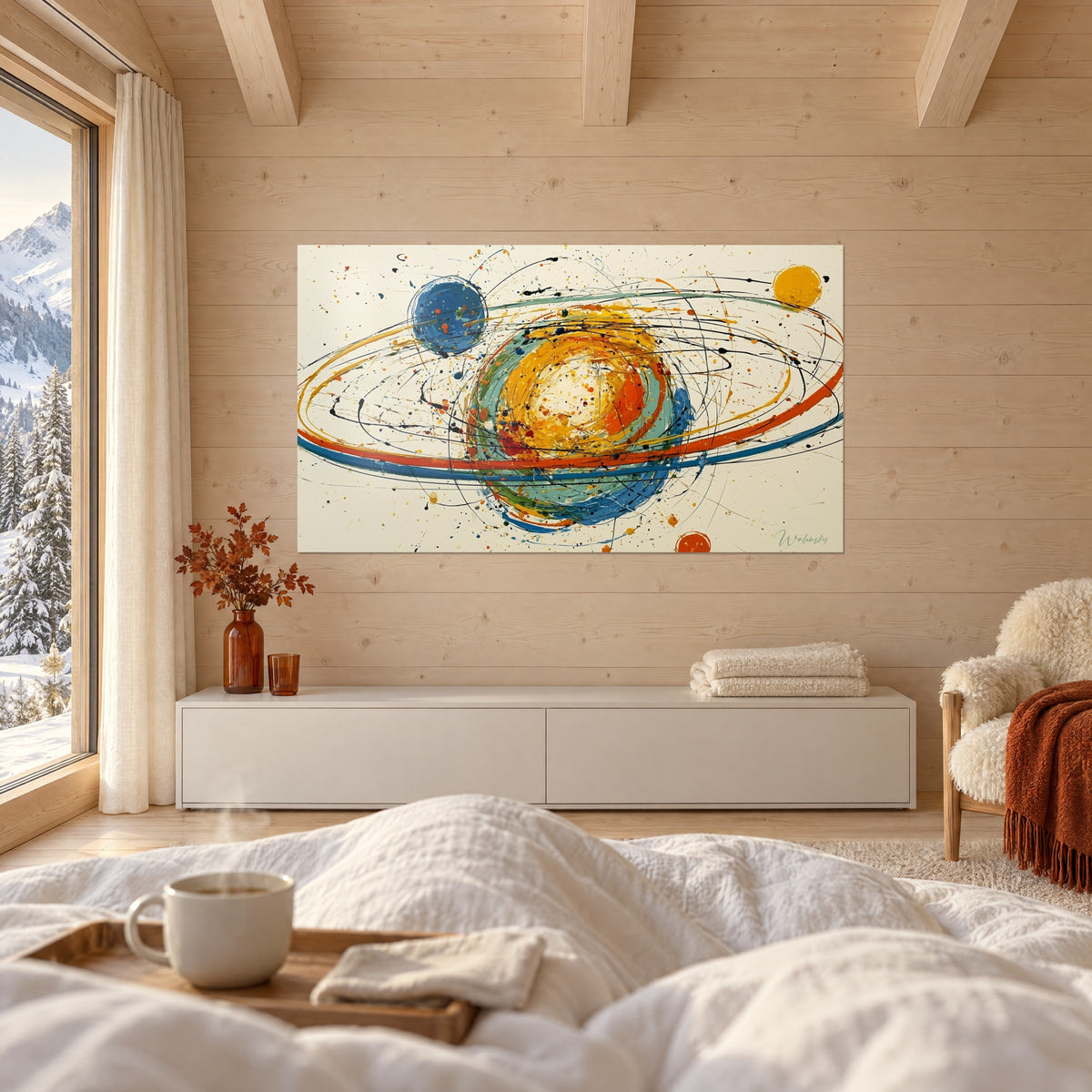 Tableau système solaire abstrait, sphères bleue et jaune, trajectoires orange sur fond ivoire, au-dessus d'un lit dans une chambre claire