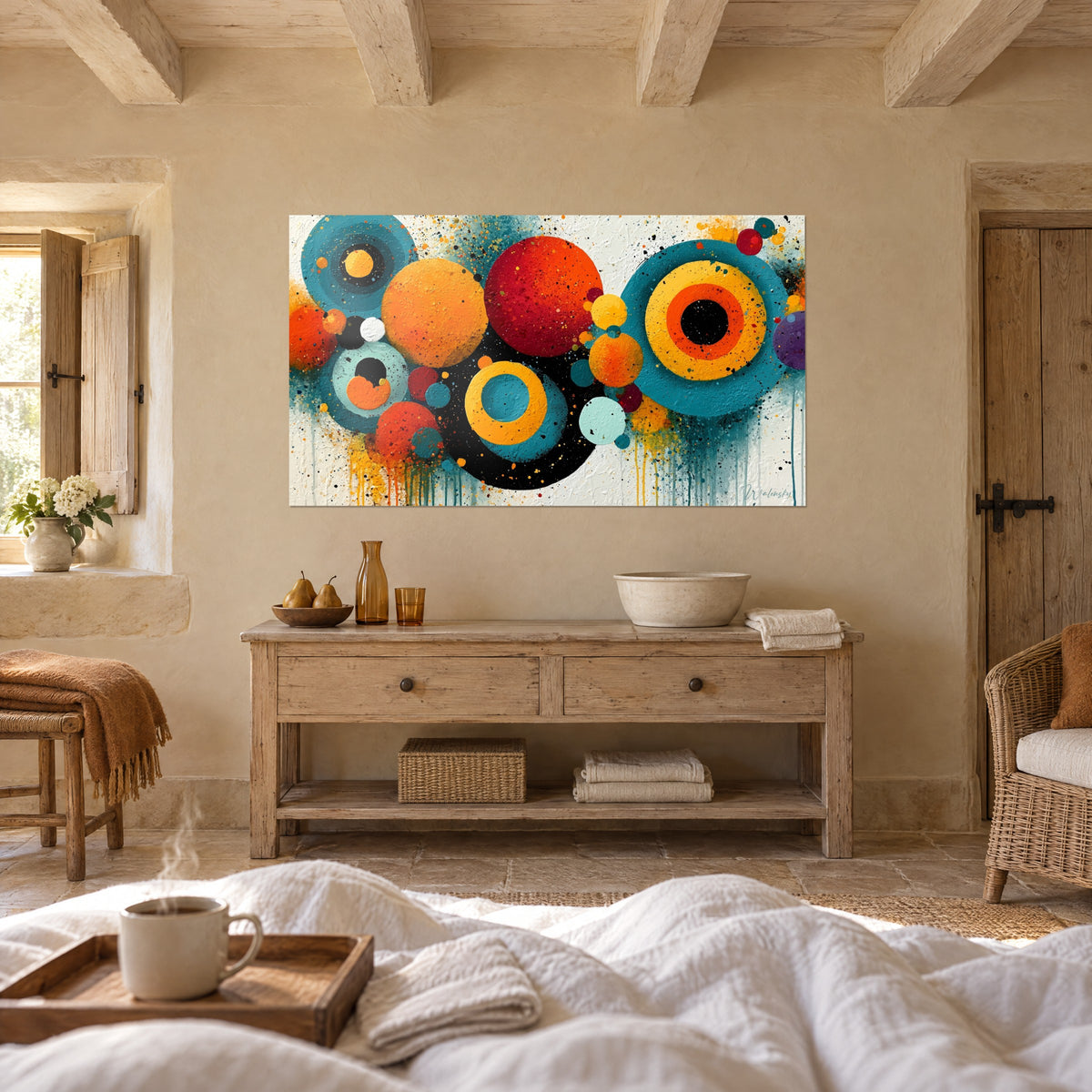 Schilderij met abstracte planeten in petrolblauw en felle oranje, verfspatten, boven een bed in een lichte slaapkamer