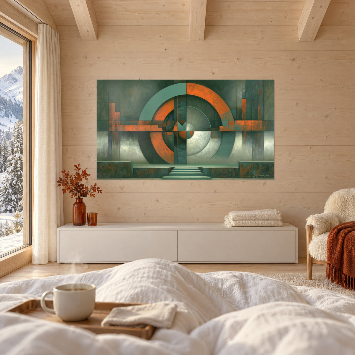 Tableau demi-cercles rouille et vert-de-gris, perspective monumentale à marches, au-dessus d'un lit dans une chambre claire en bois