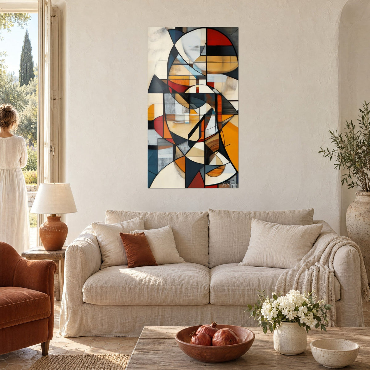 Gemälde mit ineinander verschlungenen geometrischen Formen in Ocker, Rot und Petrolblau, über einem Sofa in einem hellen Wohnzimmer