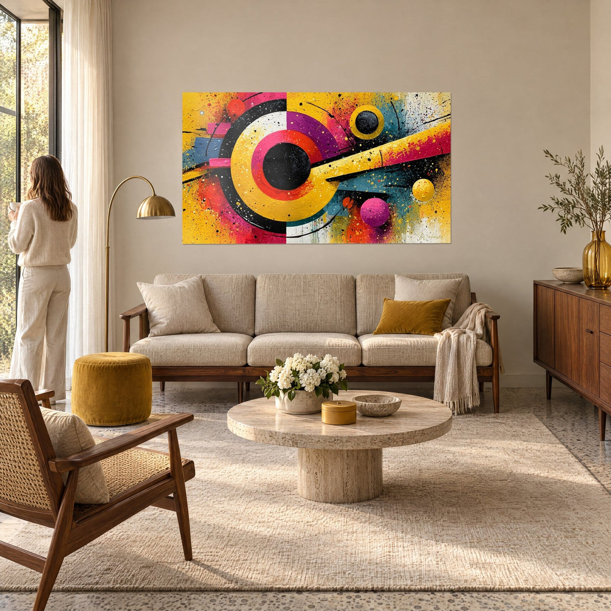Wall art concentric yellow and pink target with splashes, black core, above a sofa in a bright living room