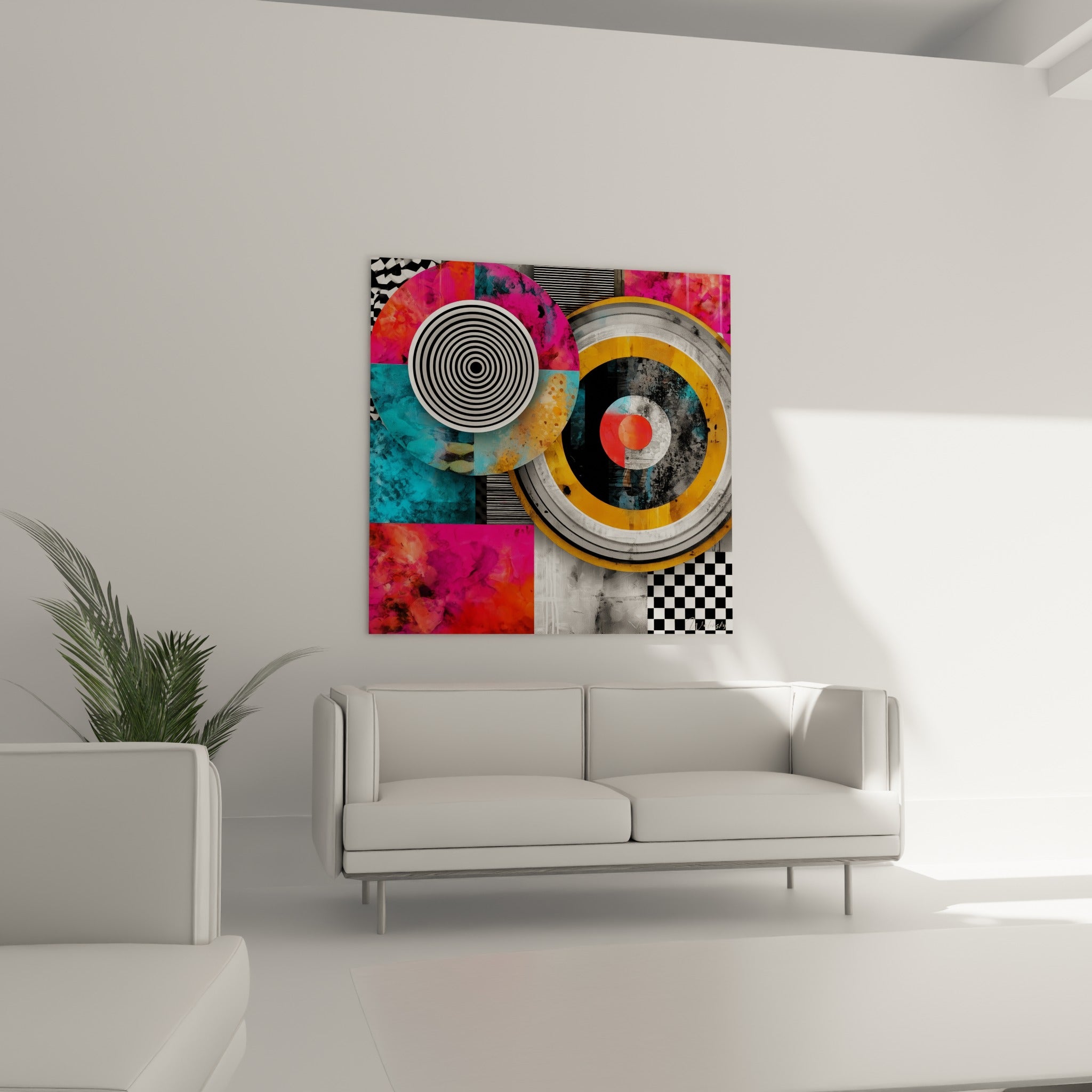 Motifs ronds géométrique abstrait turquoise et orange au-dessus d'un canapé dans un salon lumineux