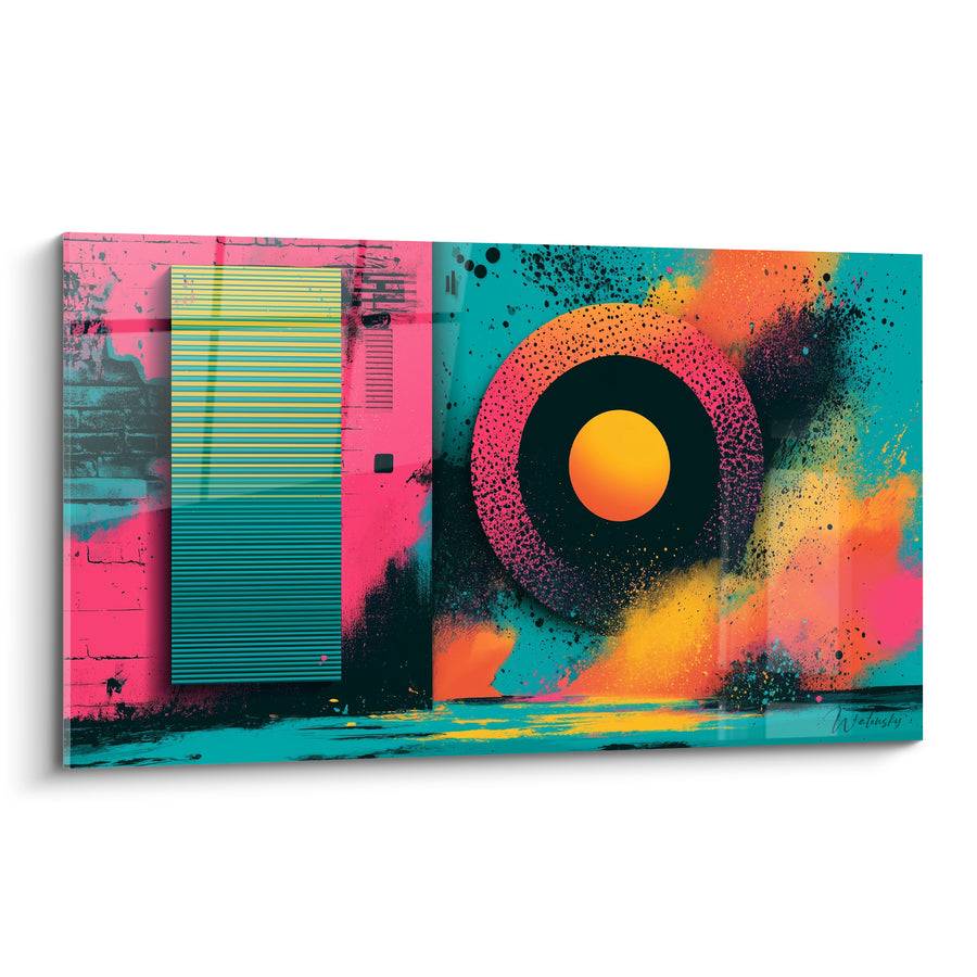 Tableau Cible orangée sur mur rose et turquoise - Impact urbain - Edition géometrique abstrait