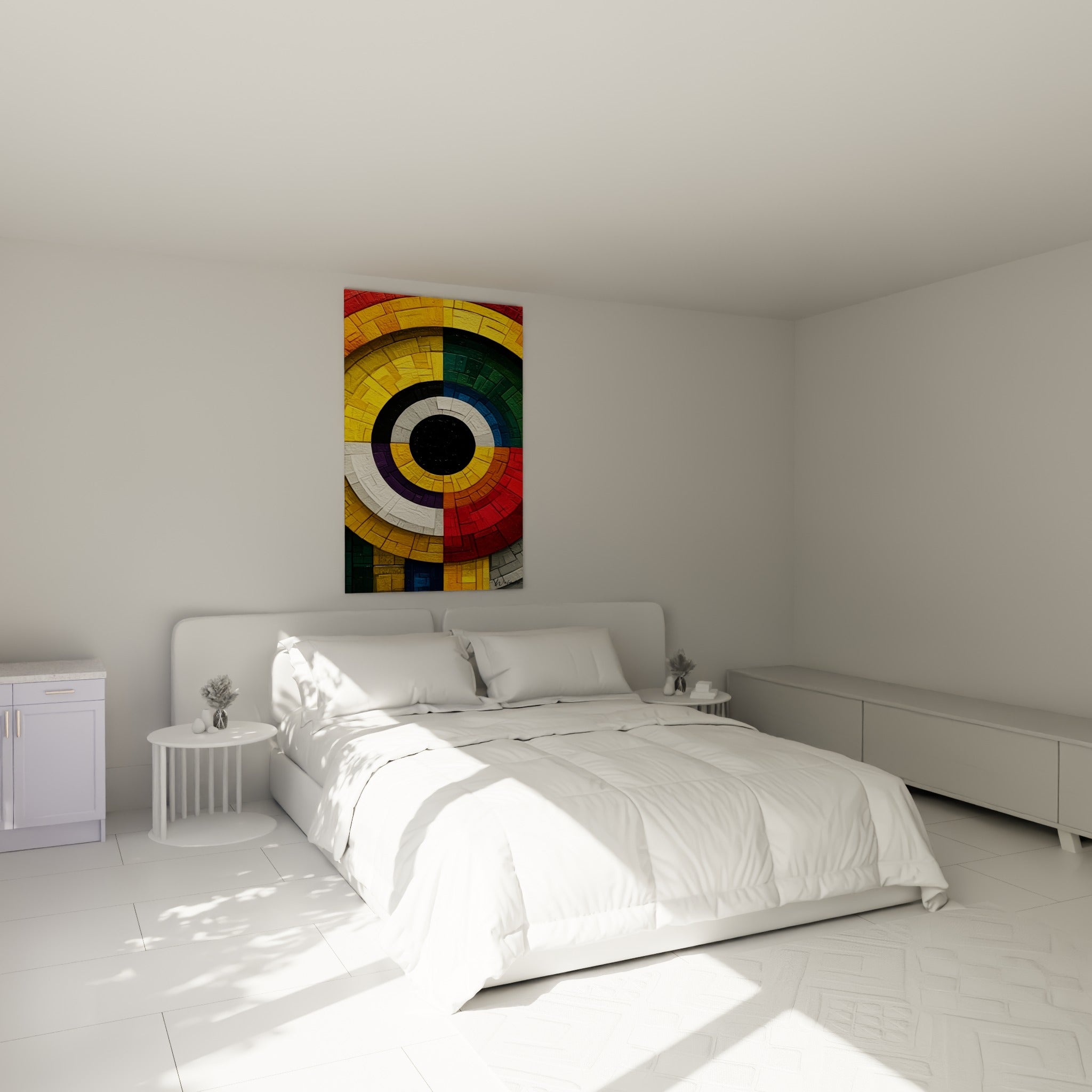 Motif circulaire jaune, vert sapin et rouge vif accroché au-dessus d'un lit dans une chambre claire