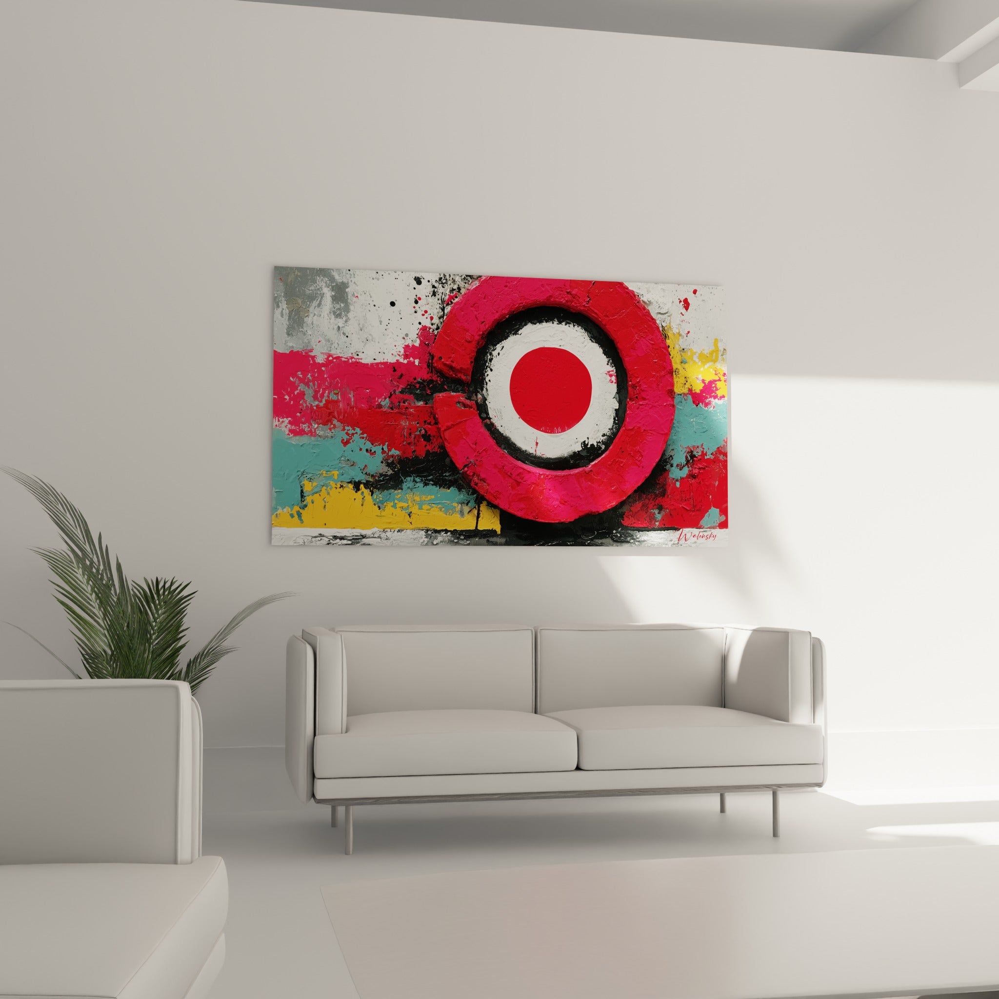Motif circulaire rouge et sarcelle de ce tableau géometrique abstrait au-dessus d'un canapé dans un salon lumineux