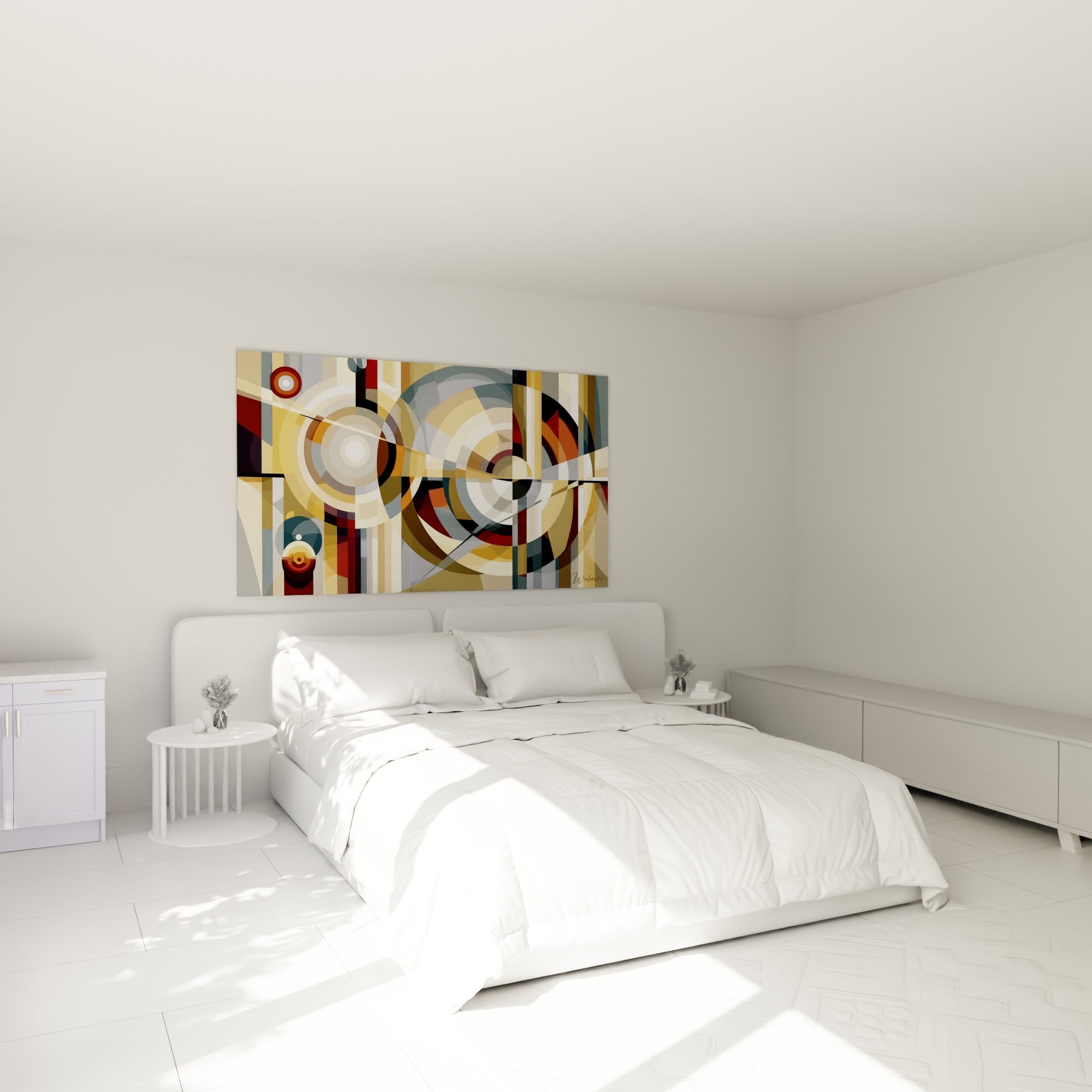 Motifs circulaires ocre et gris ardoise composant ce tableau géométrique abstrait au-dessus d'un lit dans une chambre claire