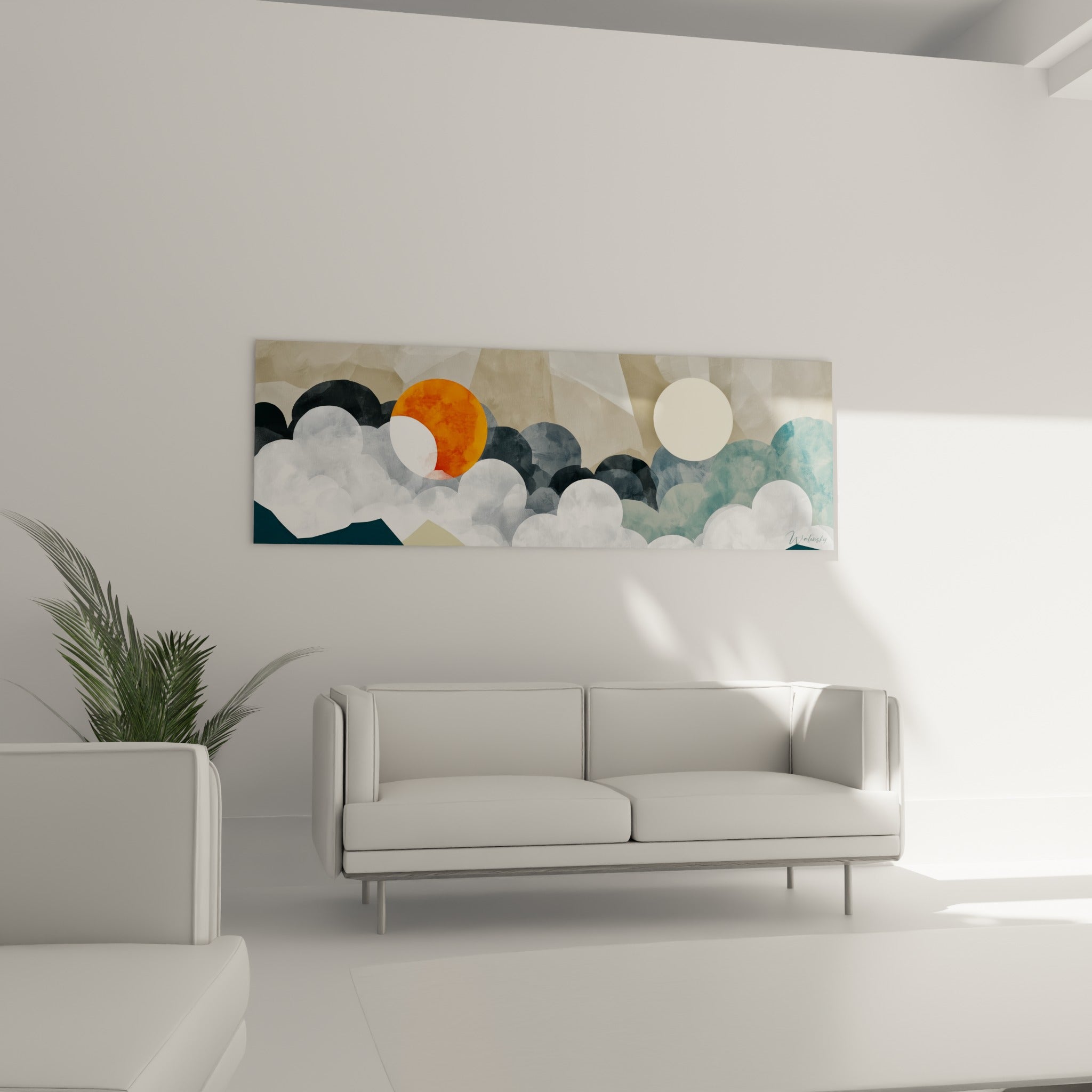 Formes nuageuses bleu marine et blanches encadrant un soleil orange, au-dessus d'un canapé dans un salon lumineux