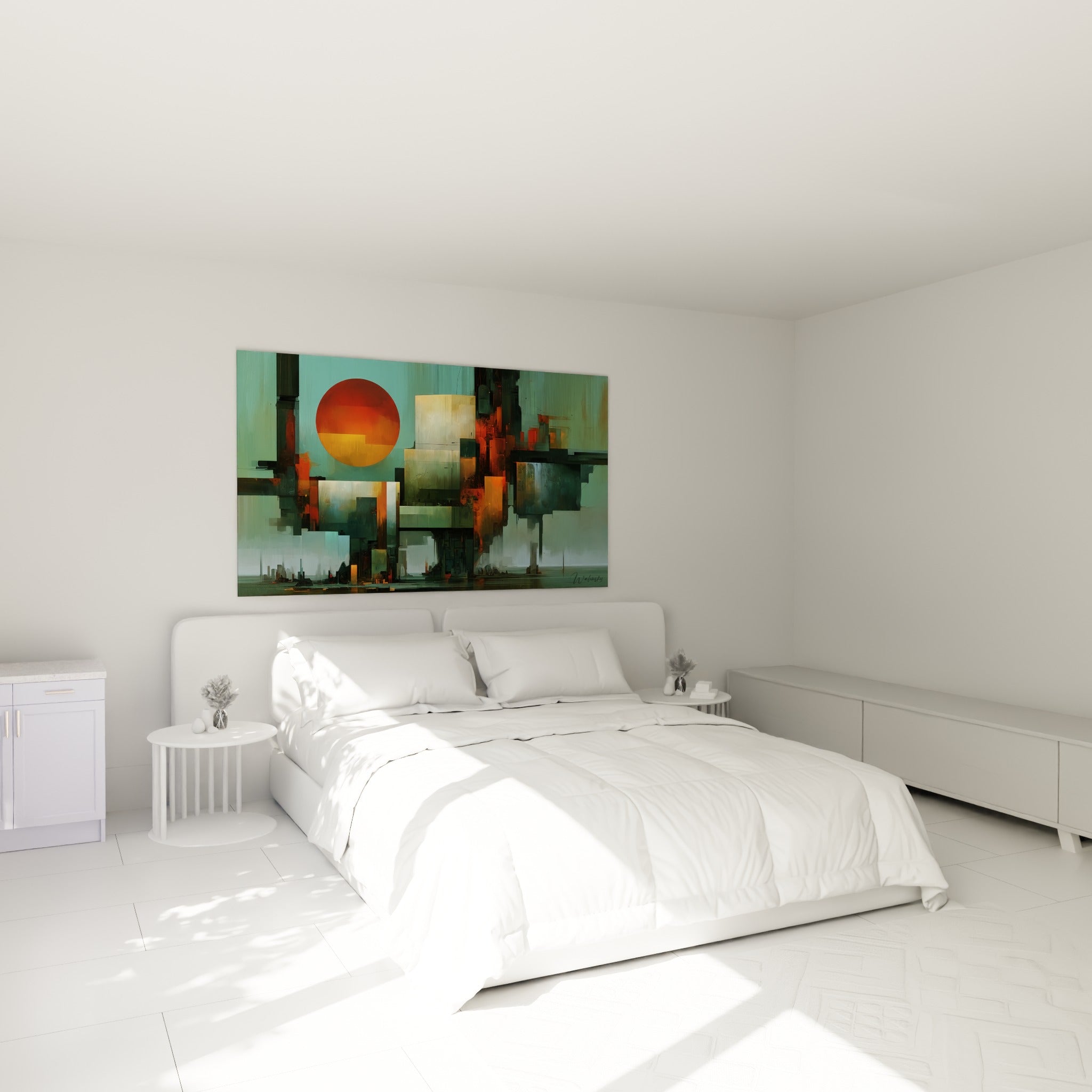 Structures urbaines vert sarcelle et orange rouillé accrochées au-dessus d'un lit dans une chambre claire