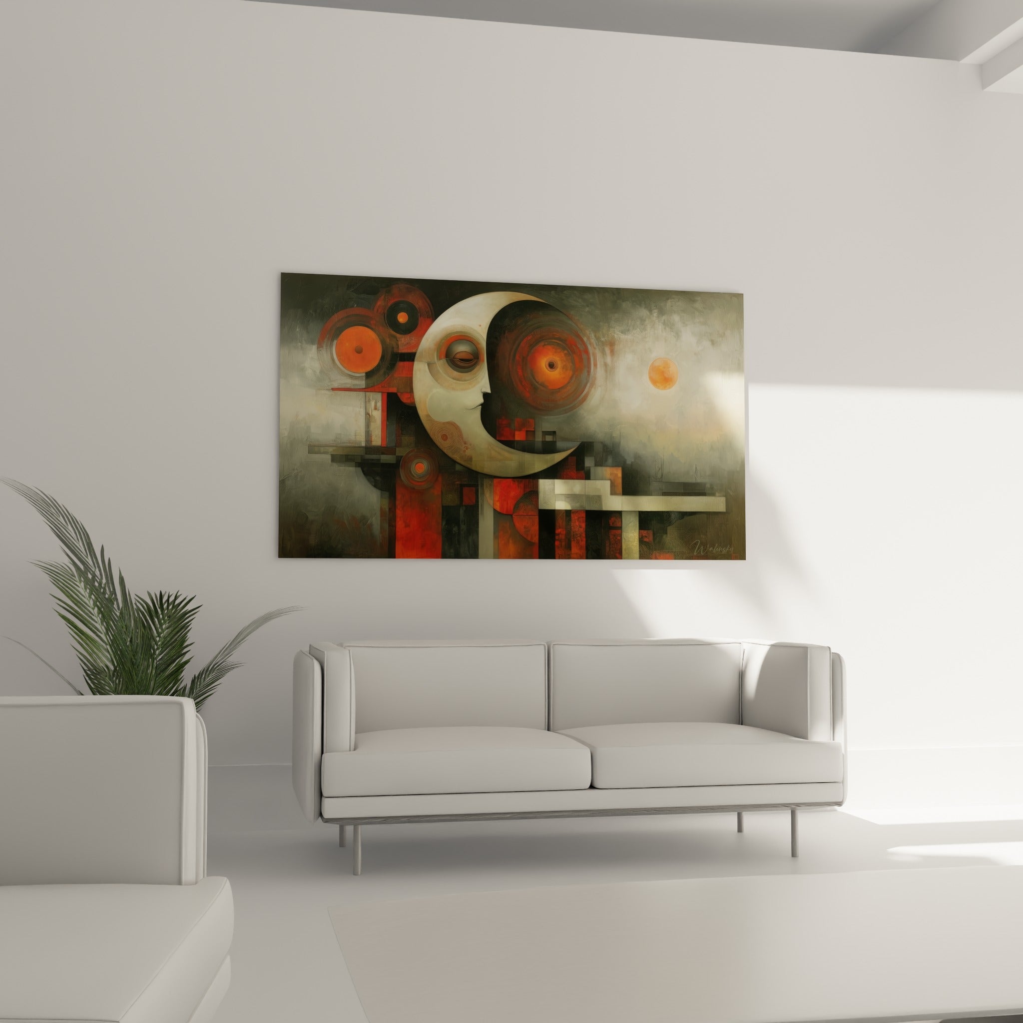 Cité géométrique brumeuse aux tons anthracite et orangé au-dessus d'un canapé dans un salon lumineux