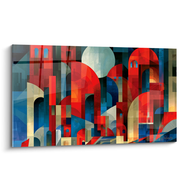 Tableau Cité rouge et bleu aux arches empilées - Cité imaginaire - Edition géometrique abstrait