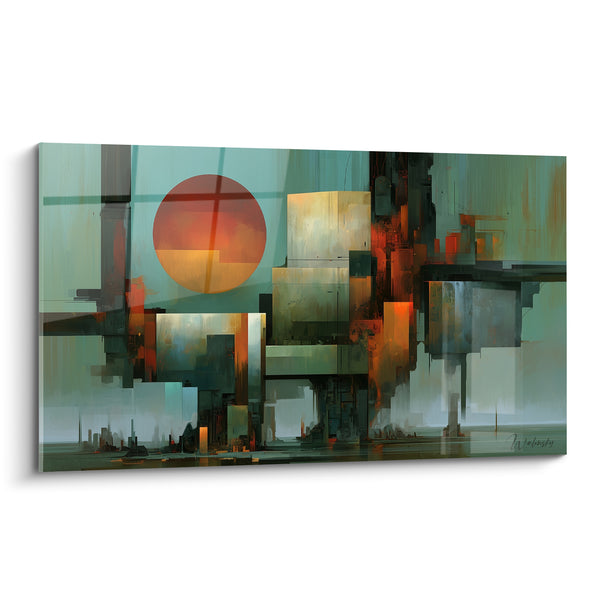Tableau Cité vert sarcelle et orange incandescent - Aube industrielle - Edition géometrique abstrait