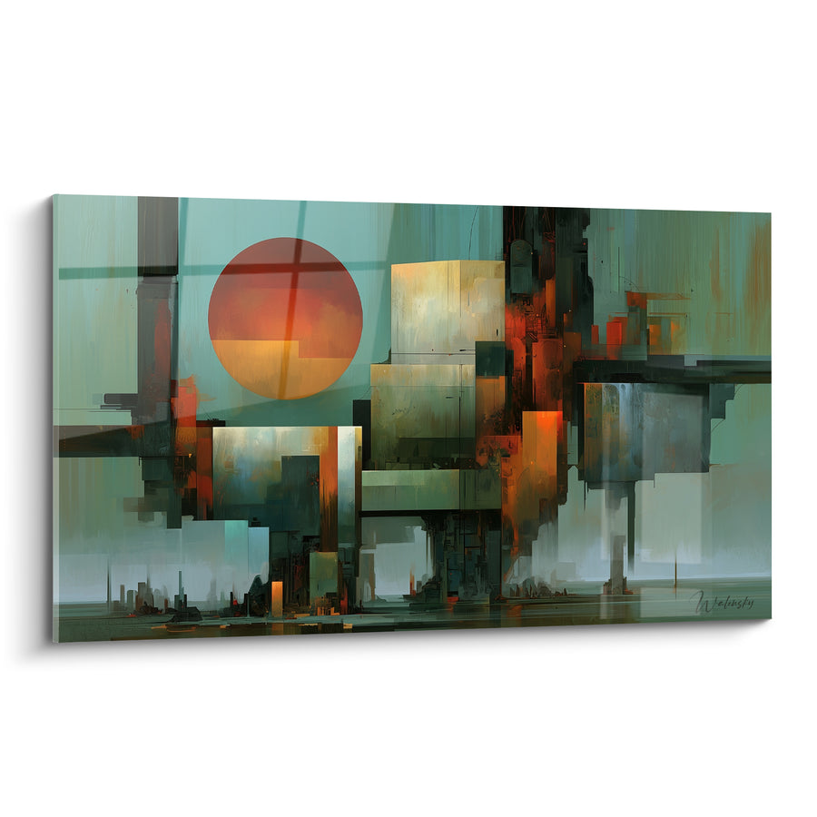 Tableau Cité vert sarcelle et orange incandescent - Aube industrielle - Edition géometrique abstrait