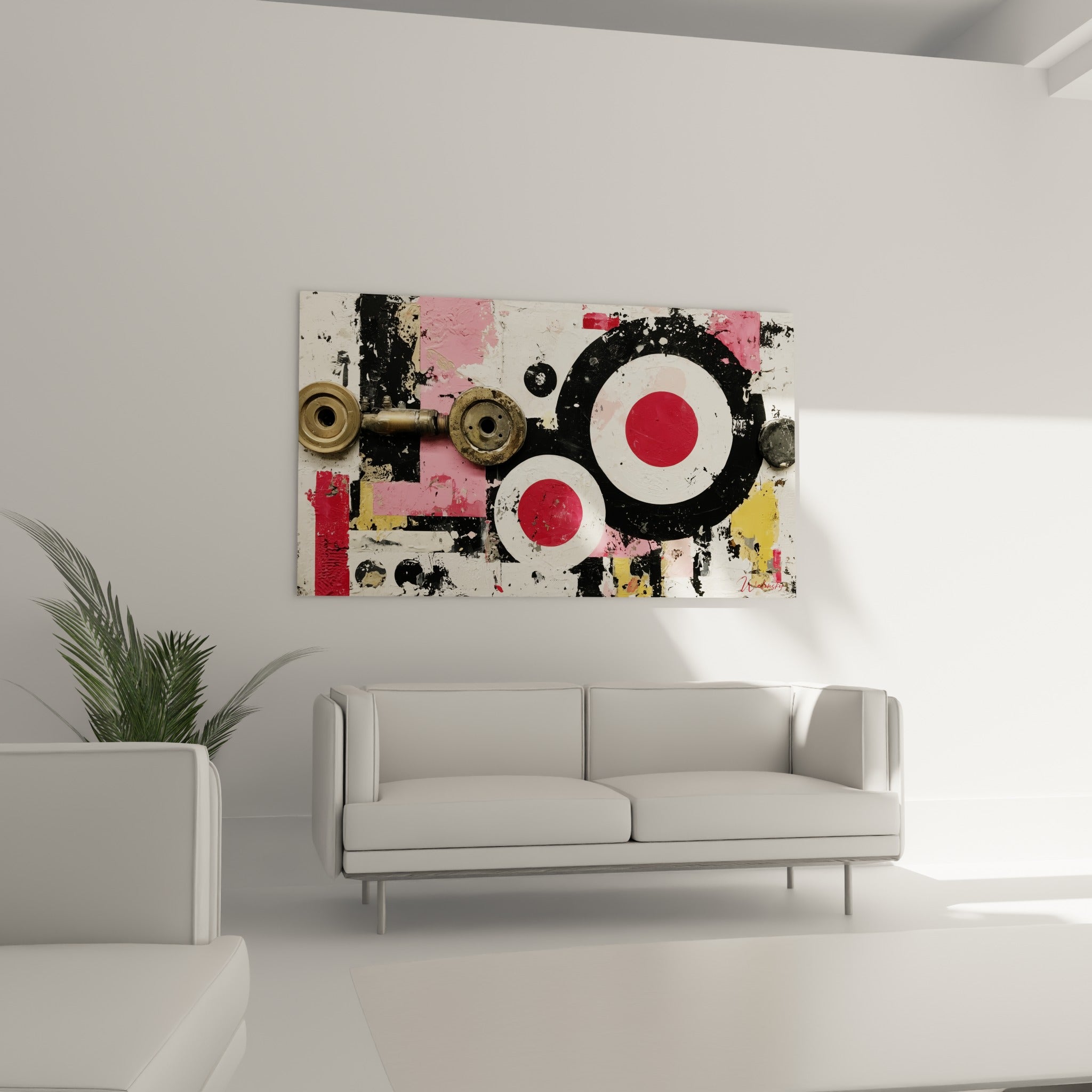 Cocardes noires et rouges d'un tableau géometrique abstrait suspendu au-dessus d'un canapé dans un salon lumineux