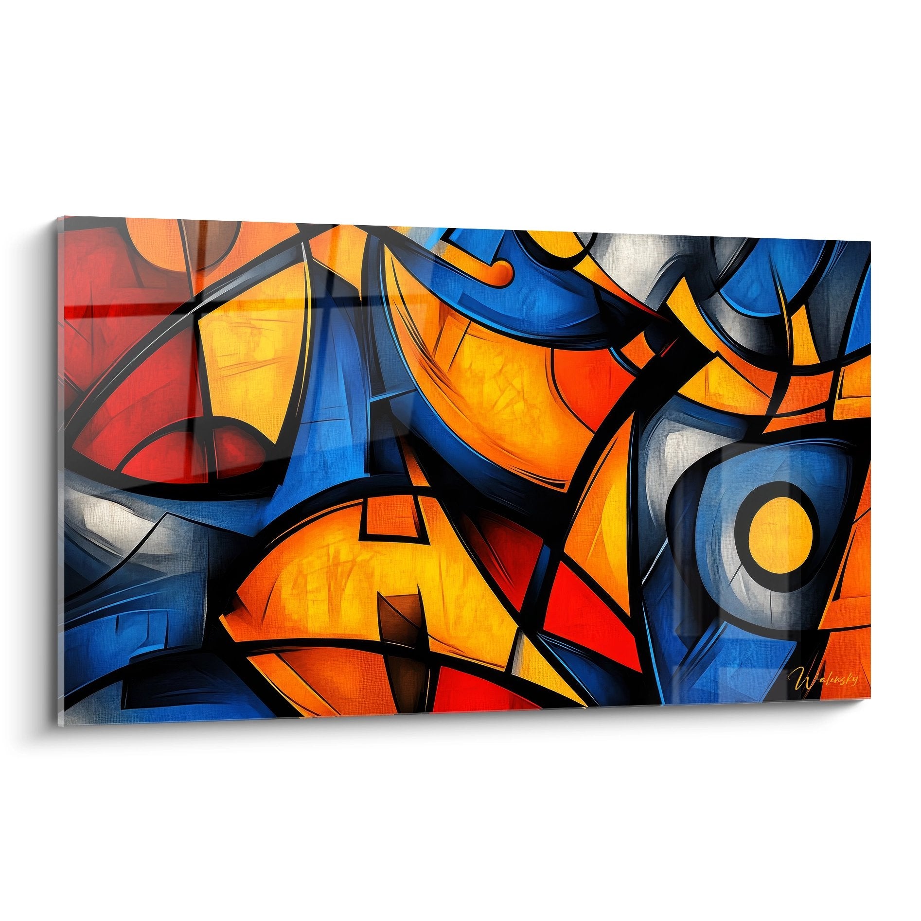 Tableau géométrique abstrait coloré avec formes organiques bleues oranges pour décoration murale moderne