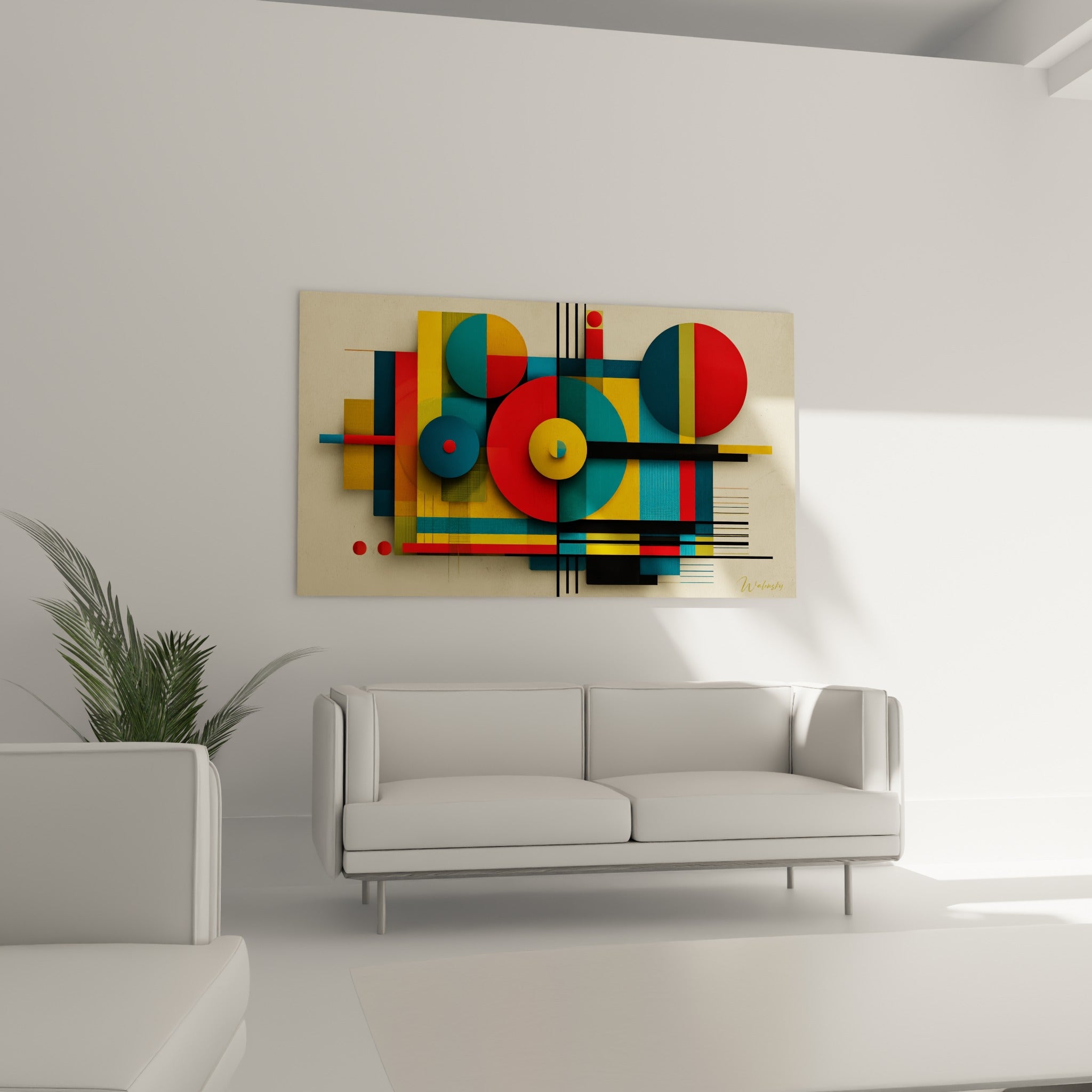 Composition jaune moutarde et rouge de ce tableau géométrique abstrait au-dessus d'un canapé dans un salon lumineux