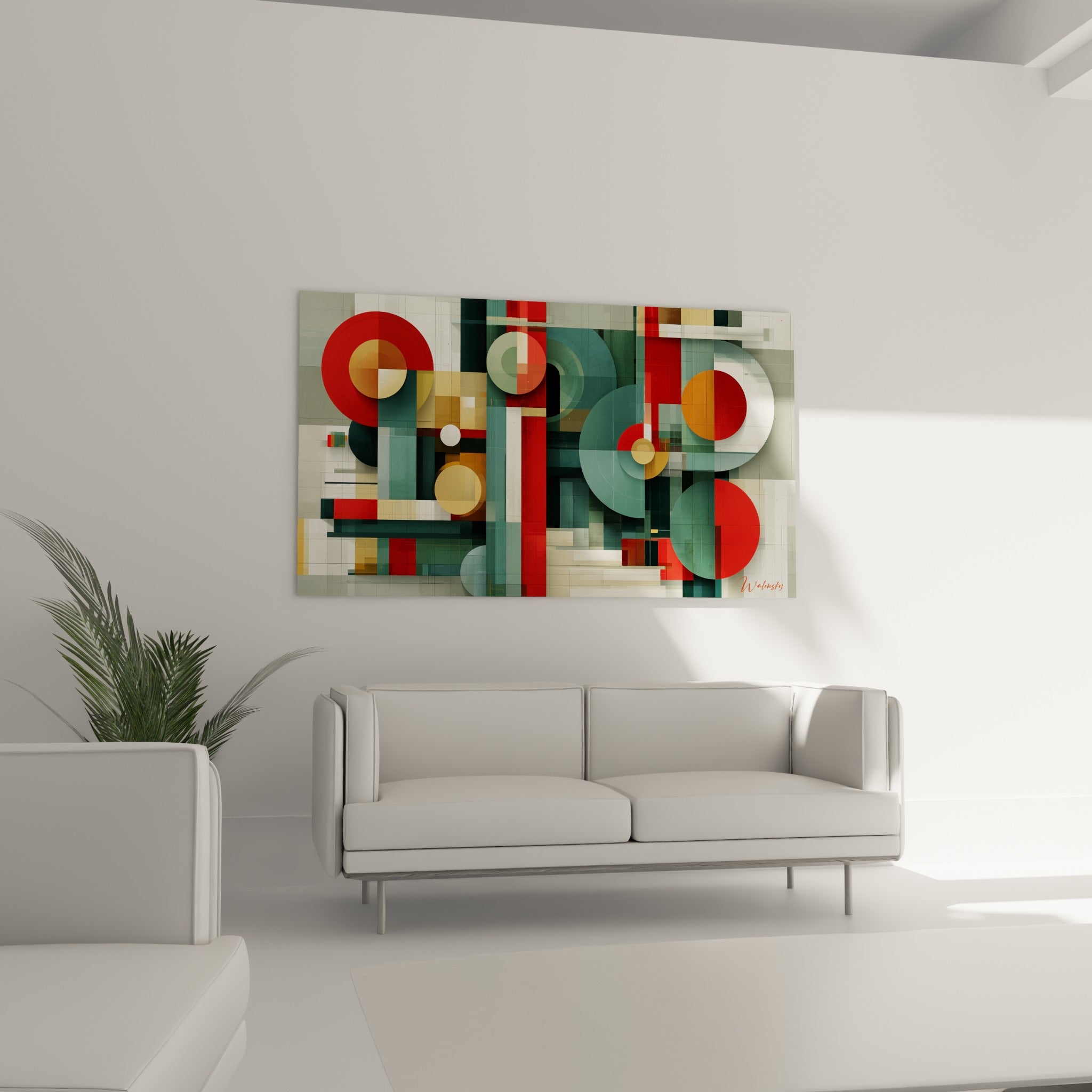 Composition ocre et anthracite de ce tableau géométrique abstrait au-dessus d'un canapé dans un salon lumineux