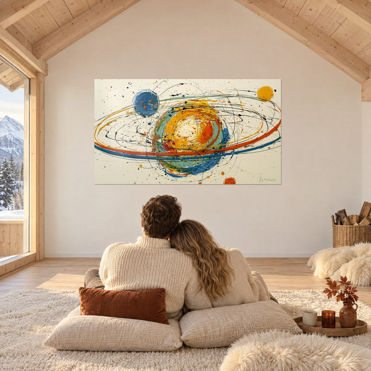 Tableau planète peinte à la spatule, anneaux rouge et bleu, soleil jaune, face à un couple de dos sur des coussins dans un chalet