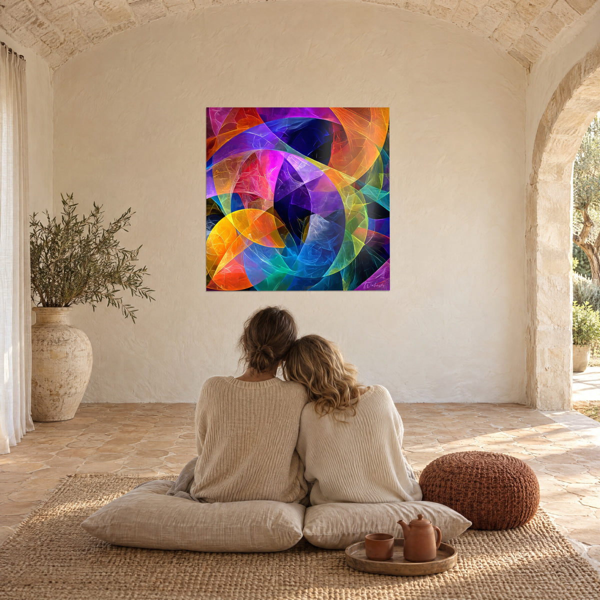 Tableau fresque de facettes lumineuses fuchsia, ambre et bleu roi, face à un couple enlacé sur des coussins dans un mas provençal