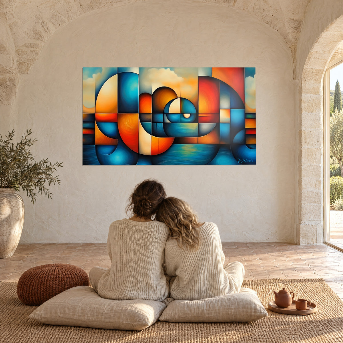 Schilderij met in elkaar grijpende cirkels in saffierblauw en saffraangeel tegen een pastelkleurige hemel, omhelzend koppel van achteren op kussens, gewelfde zaal