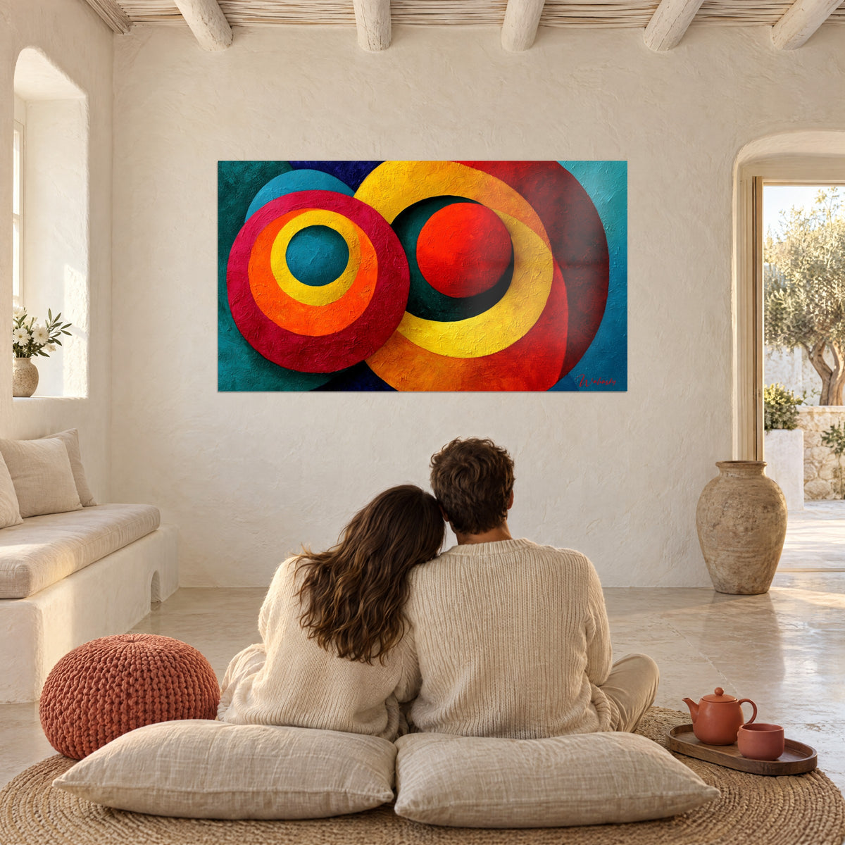 Tableau danse de sphères rouge orangé et jaune éclatant, couple de dos sur coussins de sol, mur crépi d'une maison méditerranéenne