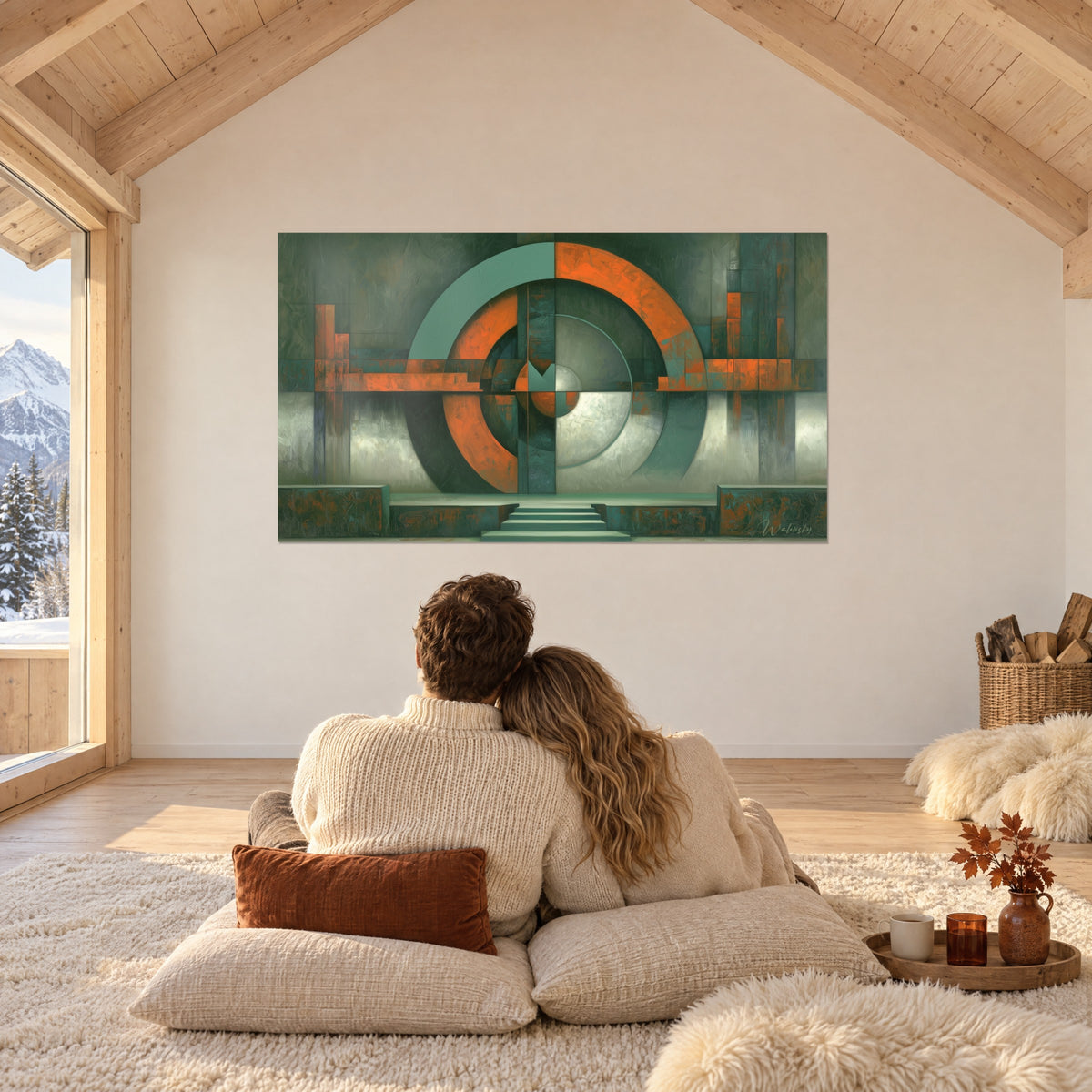 Tableau spirale d'anneaux terracotta et vert anthracite, marches en pied, contemplé par un couple enlacé de dos dans une chambre sous les poutres