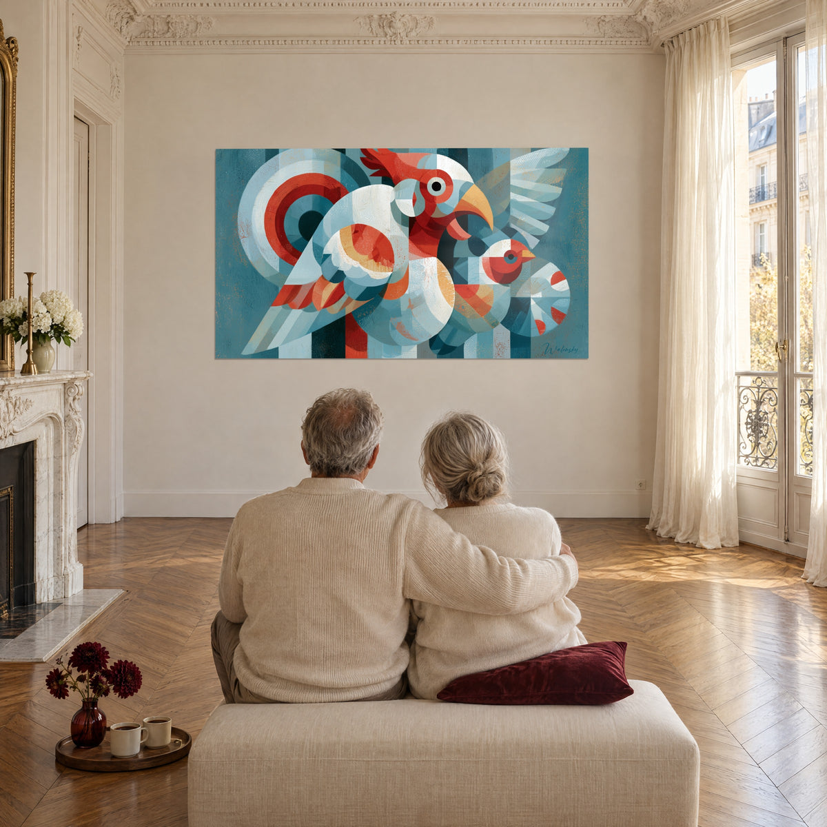 Wall art playful shared flight of birds in geometric shapes of red, white and duck blue, in front of an elderly couple embracing on a living room bench