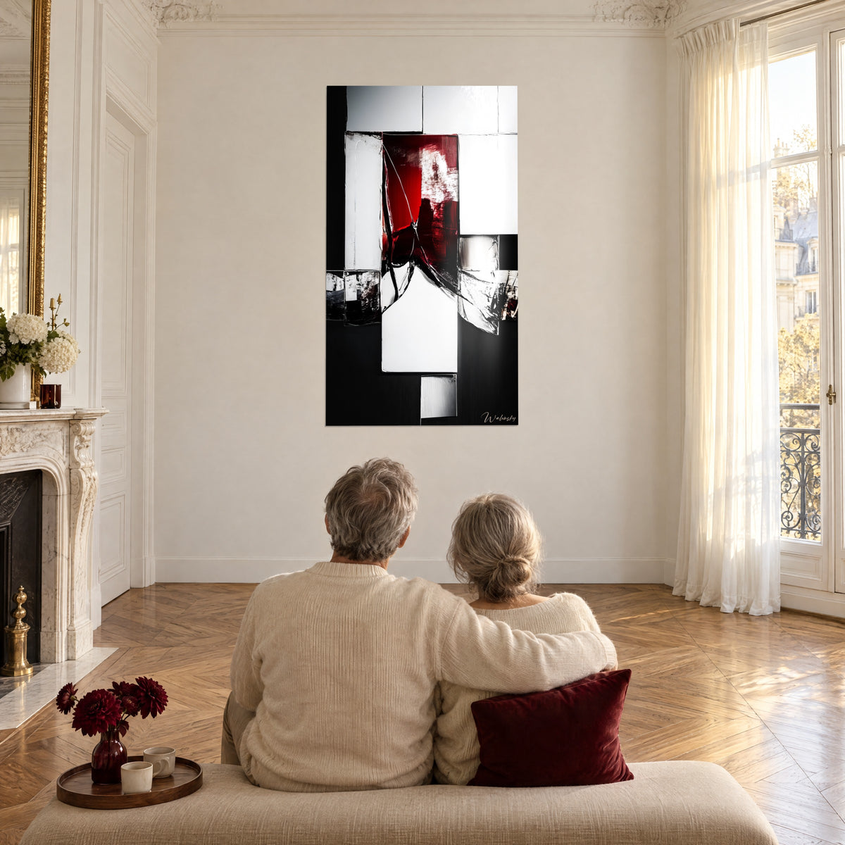 Cuadro geometría rojo carmesí, blanco puro y negro profundo, grietas gráficas, pareja de espaldas, gran salón vacío y luminoso