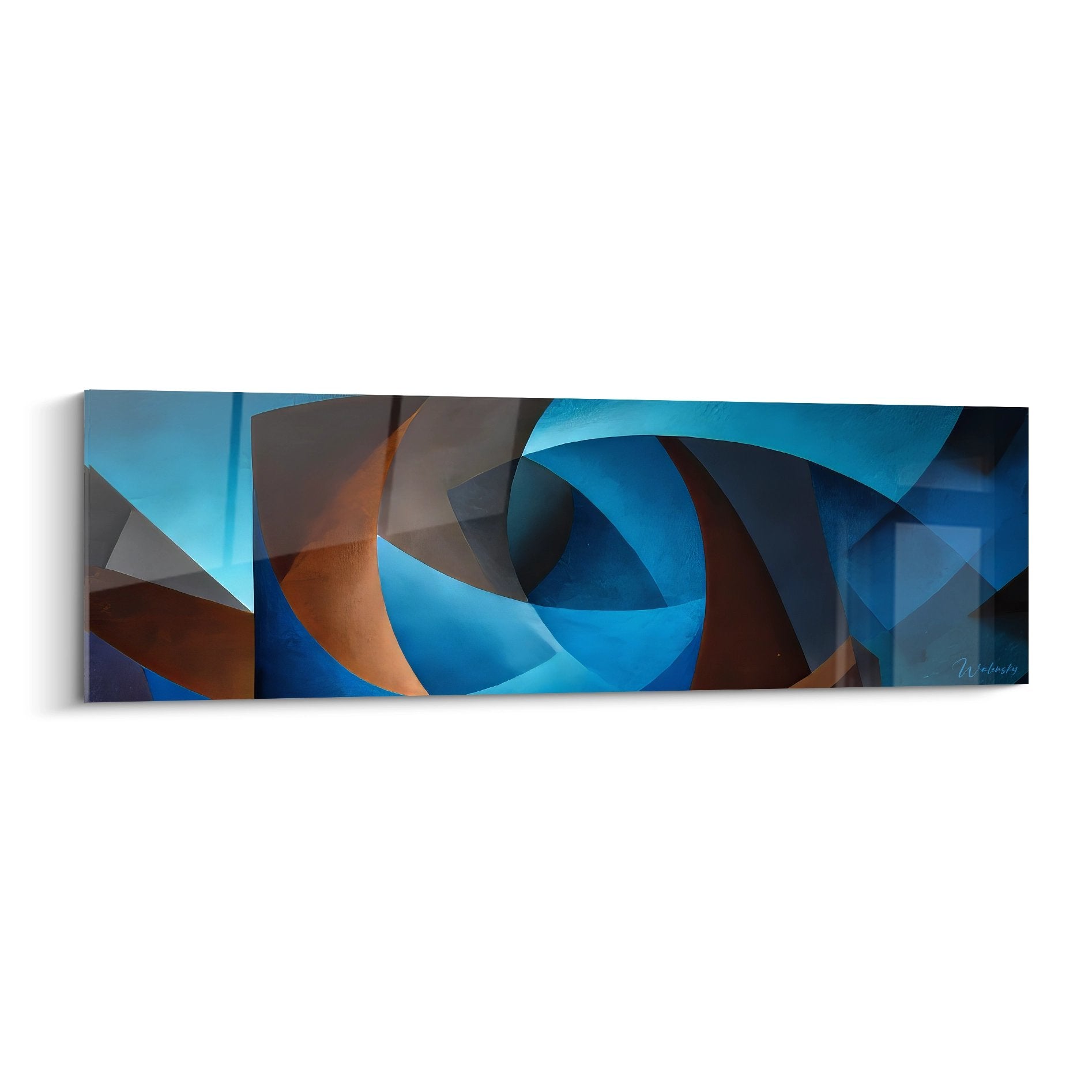 Tableau mural géométrique abstrait formes courbes bleues et oranges entrelacées sur toile moderne