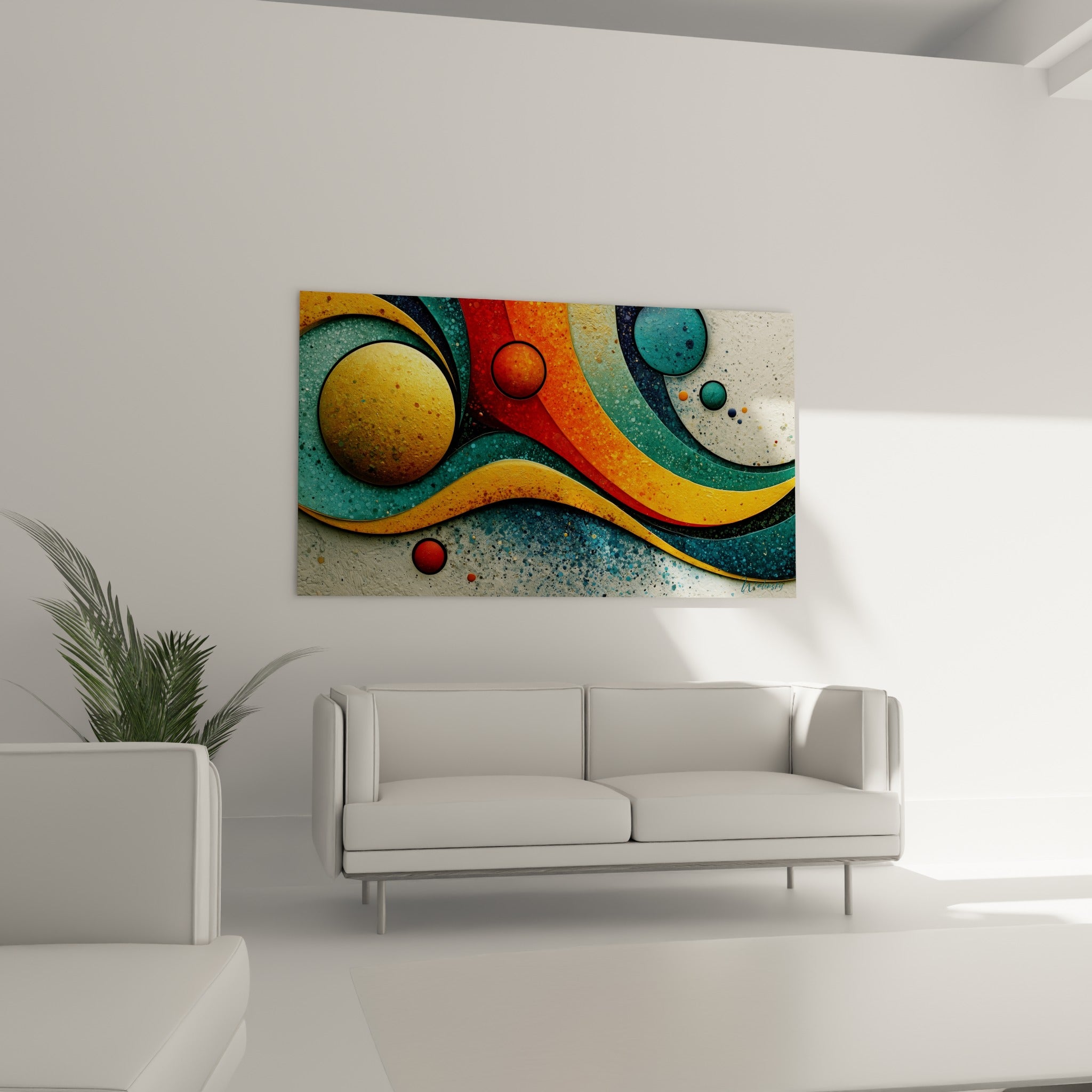 Courbes ocre et bleu marine de ce tableau géometrique abstrait suspendues au-dessus d'un canapé dans un salon lumineux