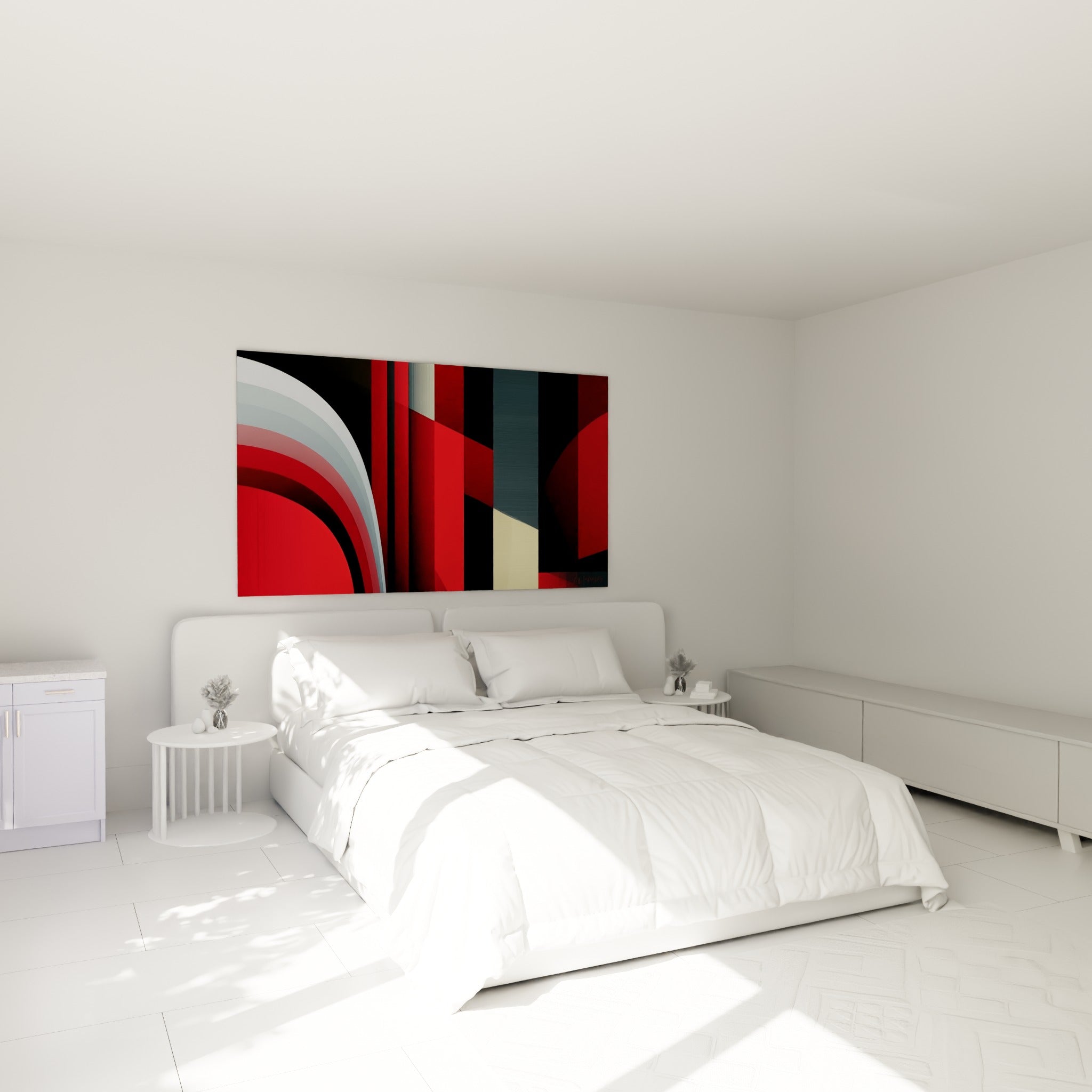 Courbes rouge vif et bandes noires du tableau géométrique abstrait au-dessus d'un lit dans une chambre claire