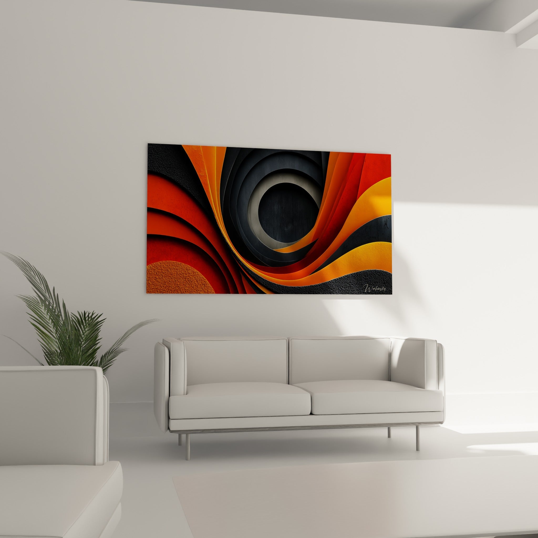 Composition géométrique abstraite aux teintes orange et anthracite au-dessus d'un canapé dans un salon lumineux
