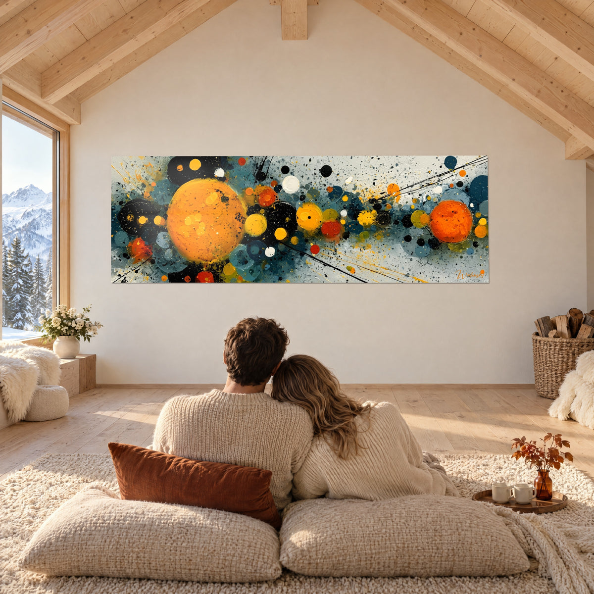 Tableau cosmos de gouttes ambrées, noires et rouille, deux personnes enlacées de dos sur des coussins dans un chalet