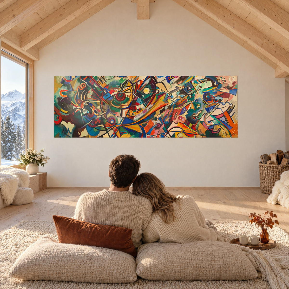 Gemälde abstraktes Mosaik aus scharfkantigen blauen und orangefarbenen Formen, gegenüber einem Paar auf Kissen in einem Chalet