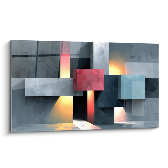 Volumes gris anthracite et rouge terracotta traversés d'une lumière dorée, tableau géométrique abstrait
